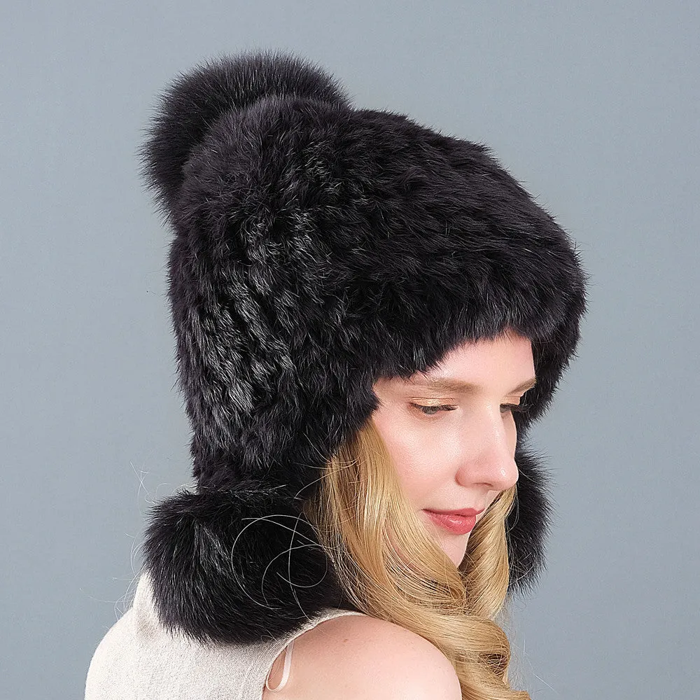 Fur hat women's three-ball winter rabbit fur fox fur ball ear protection thickened warm fur hat