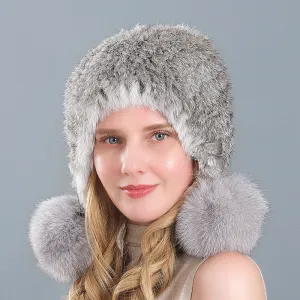 Fur hat women's three-ball winter rabbit fur fox fur ball ear protection thickened warm fur hat