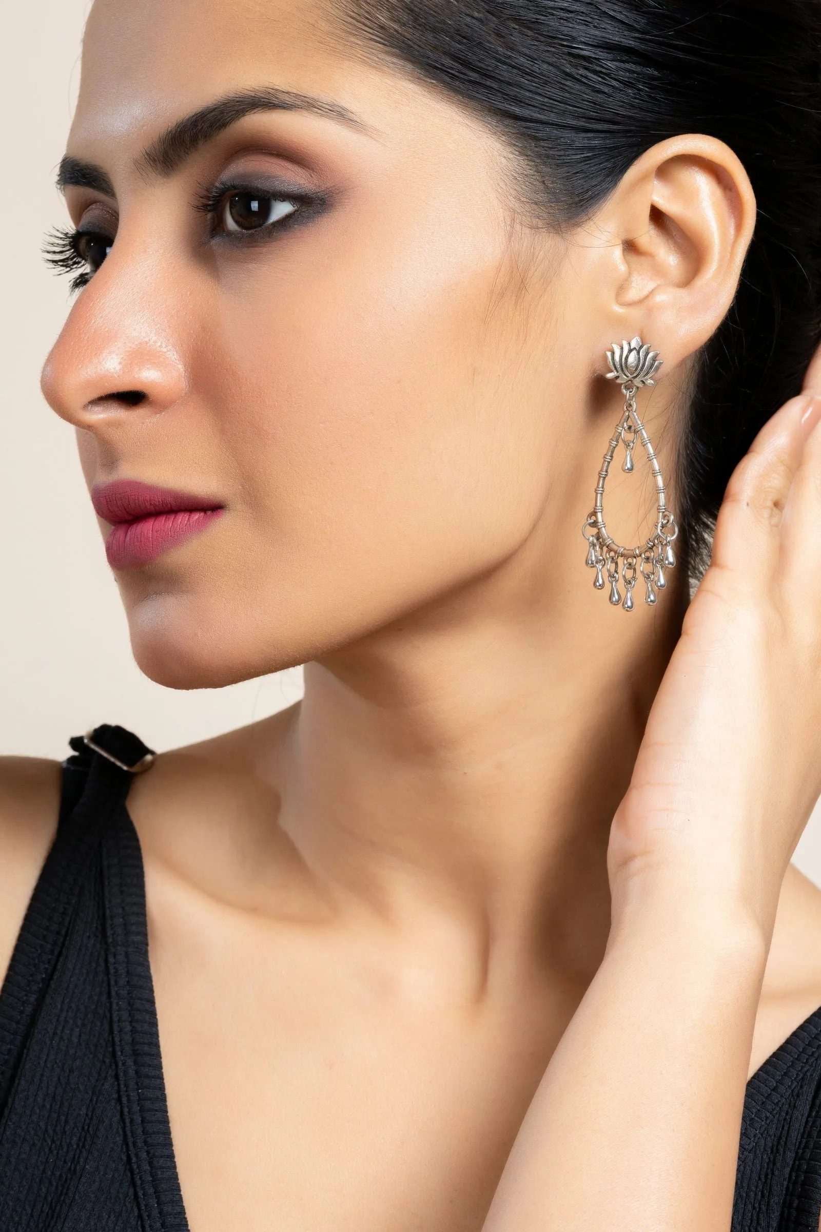 German Silver Handmade Lotus Stud Drop Chandbali Earrings for Daily and Occasional Wear