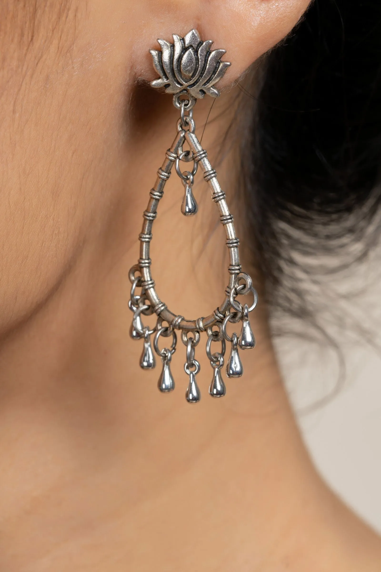 German Silver Handmade Lotus Stud Drop Chandbali Earrings for Daily and Occasional Wear