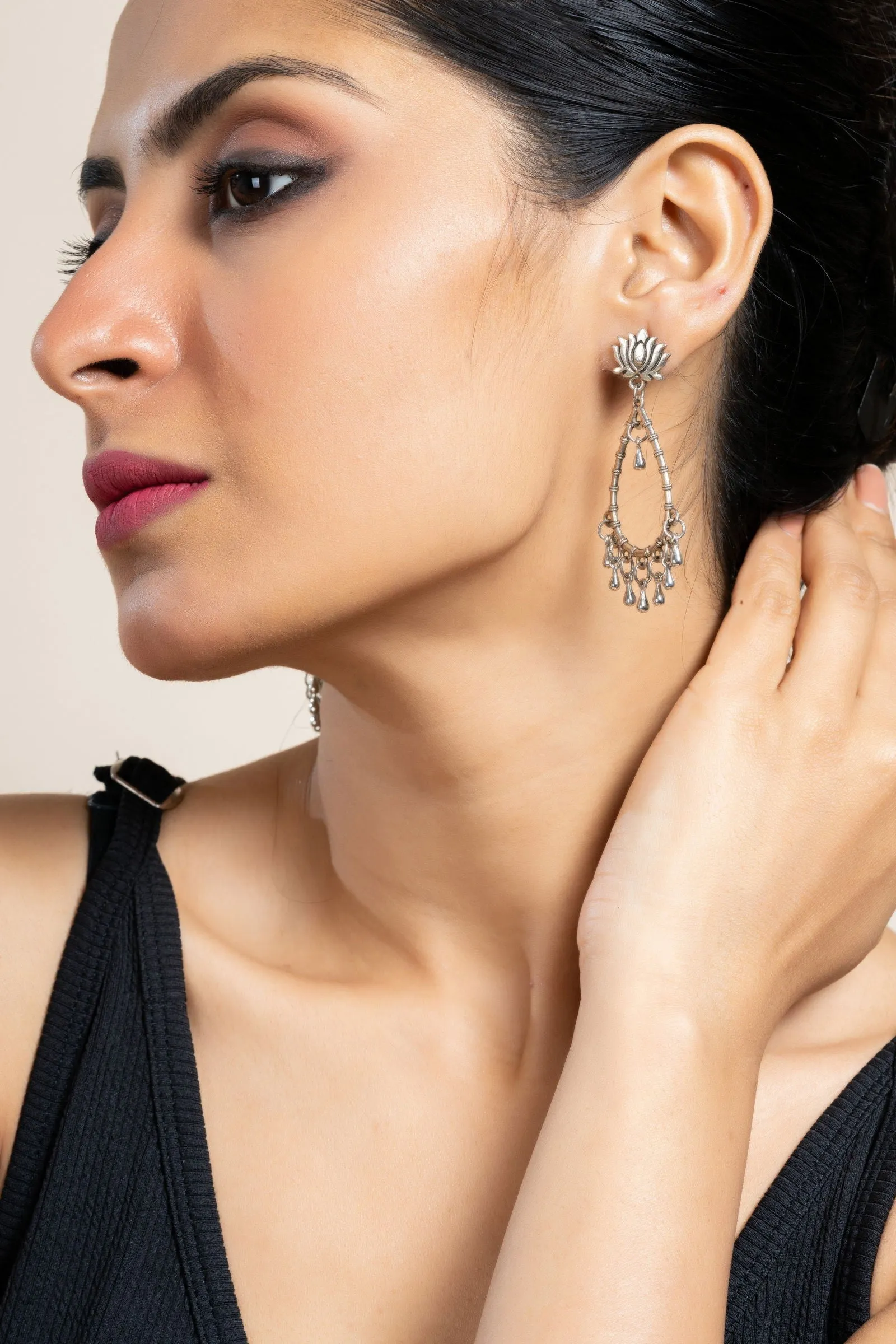 German Silver Handmade Lotus Stud Drop Chandbali Earrings for Daily and Occasional Wear