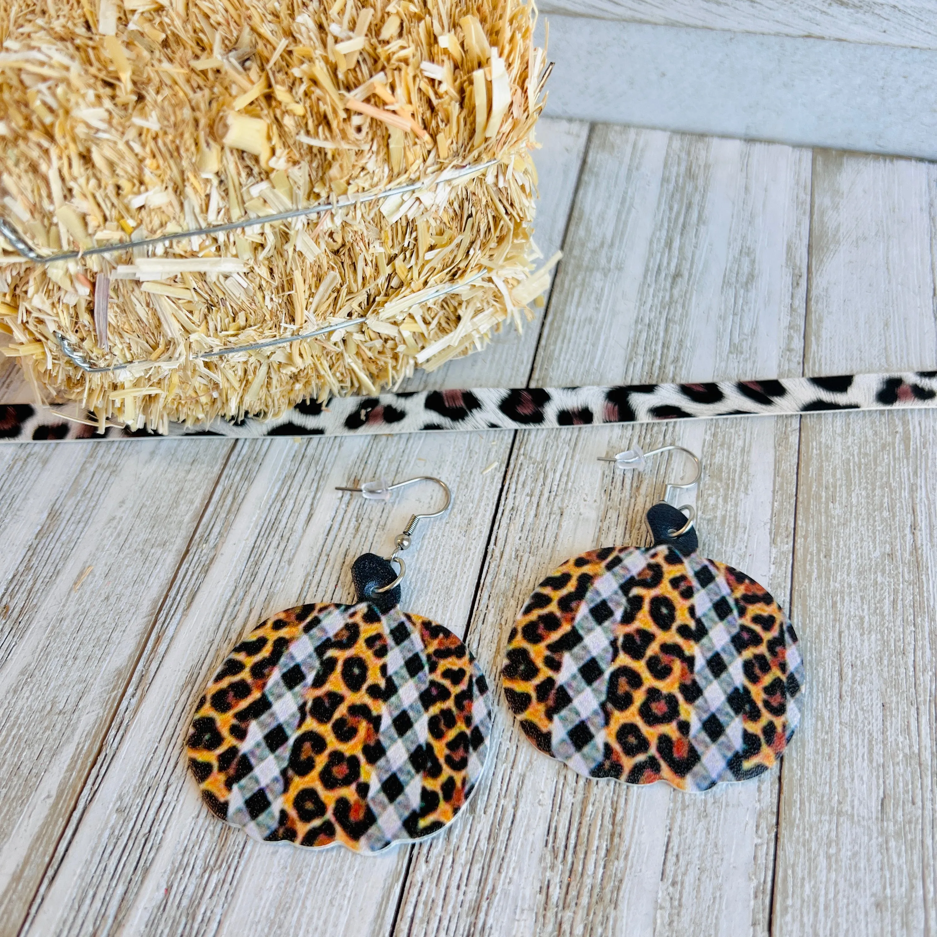 Gingham Leopard Faux Leather Drop Ear Bling