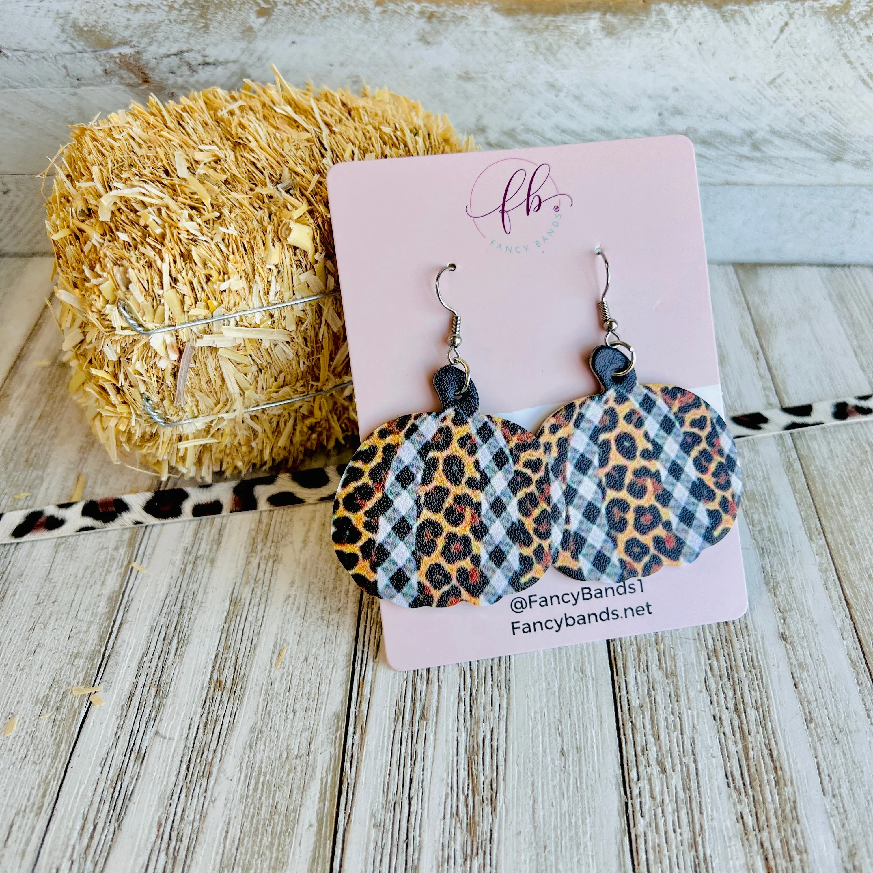 Gingham Leopard Faux Leather Drop Ear Bling