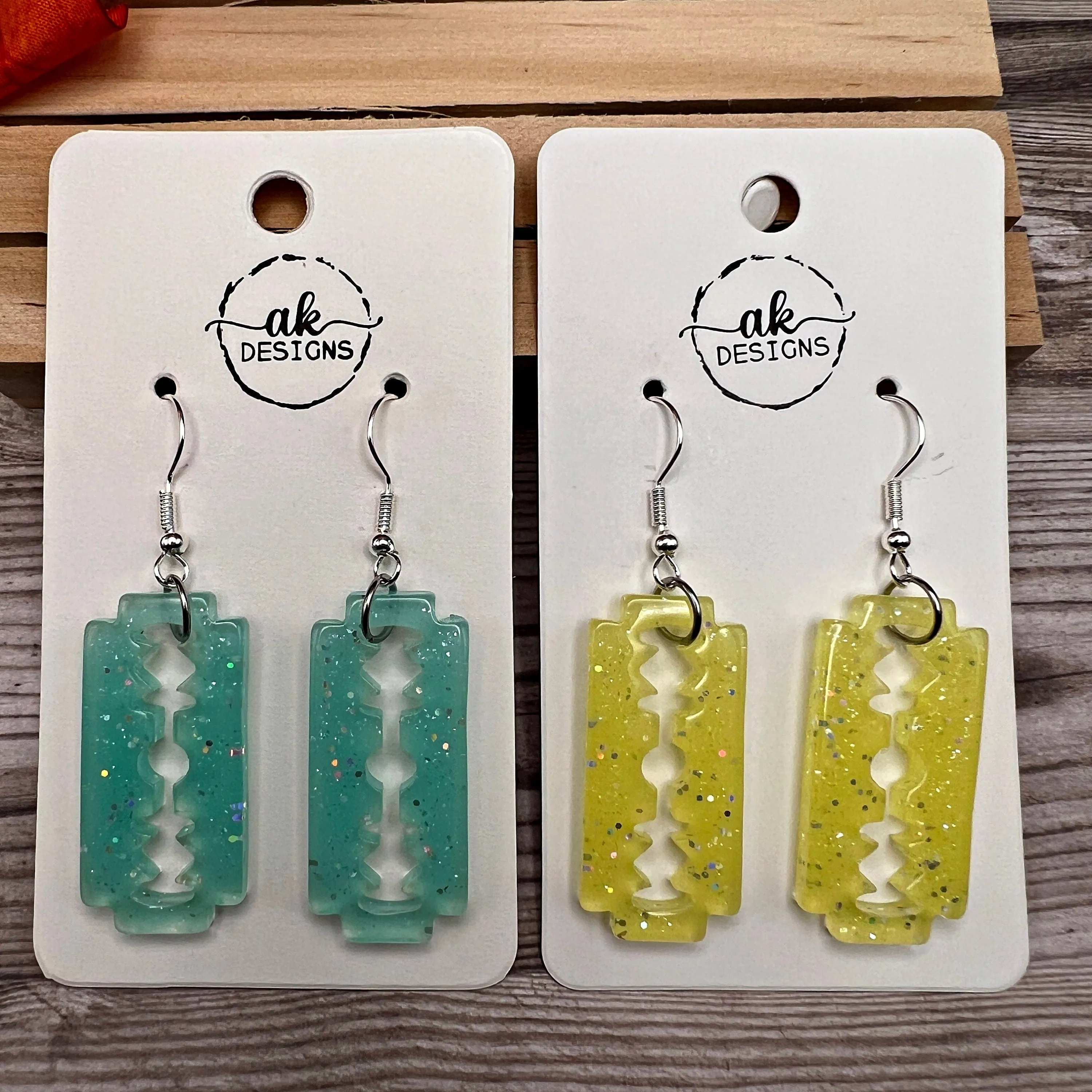 Glitter Resin Razor Blade Hypoallergenic  Earrings - Choice of Color - Clearance