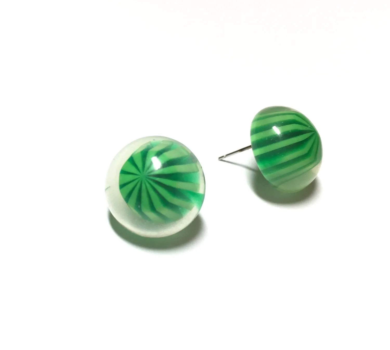 Green Stripe Candy Encased Retro Button Stud Earrings