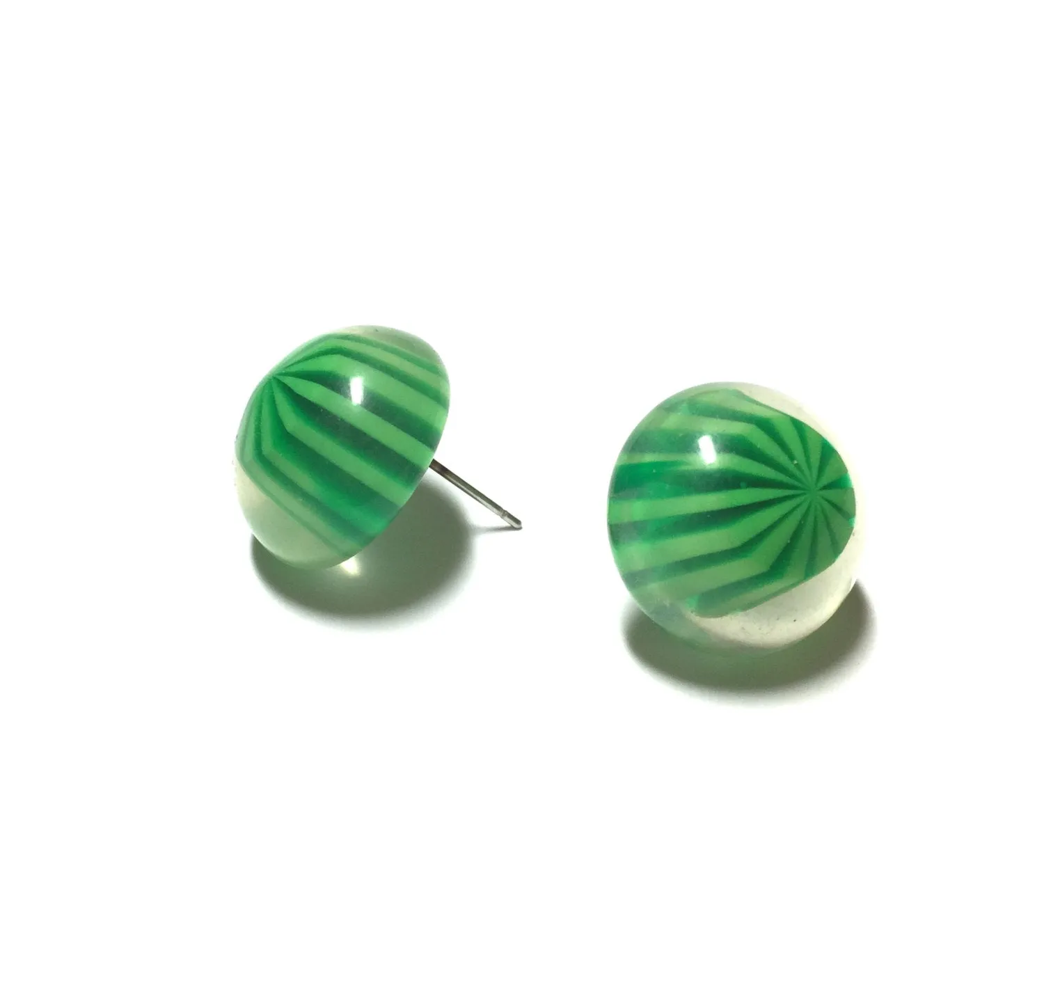 Green Stripe Candy Encased Retro Button Stud Earrings