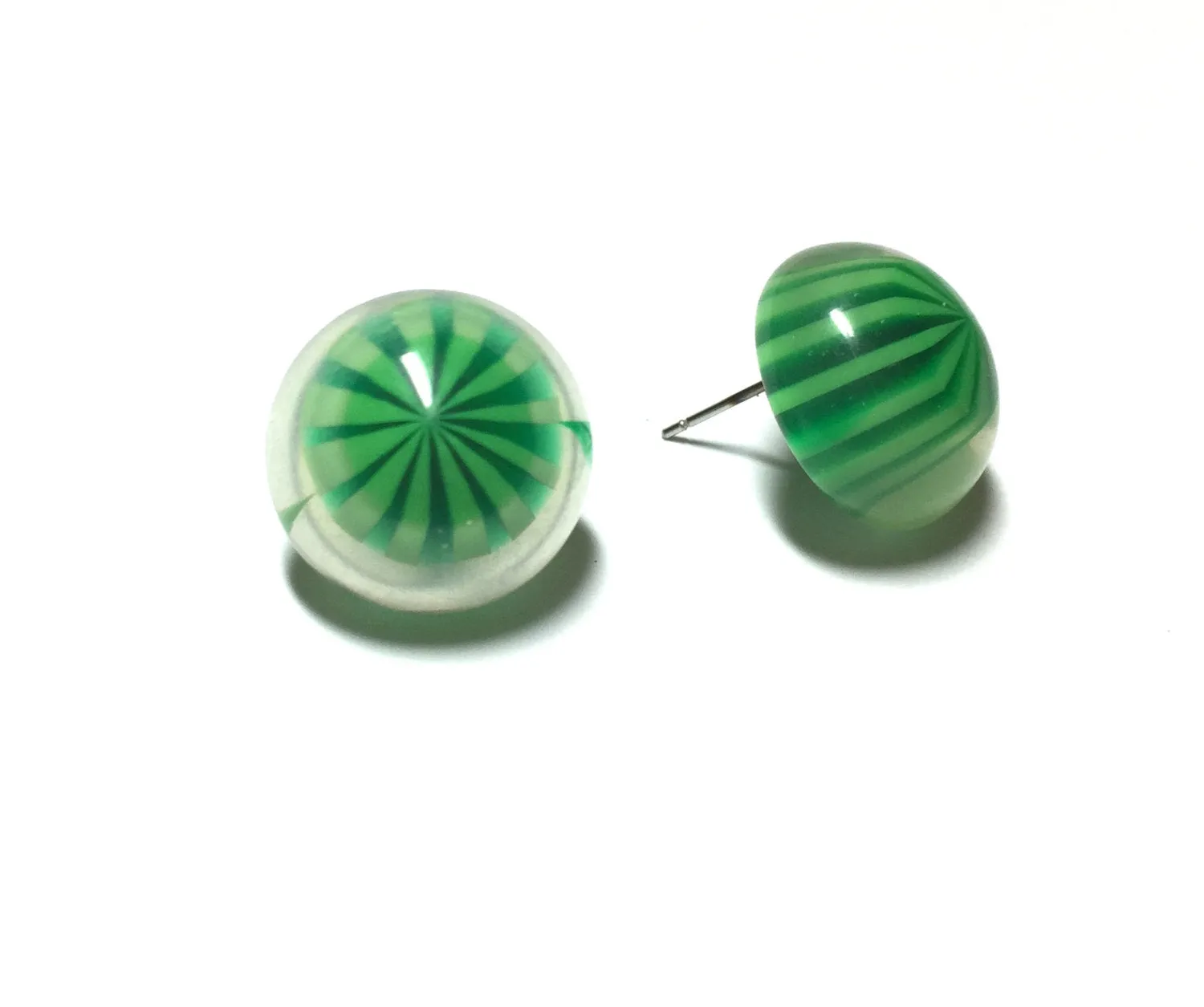 Green Stripe Candy Encased Retro Button Stud Earrings