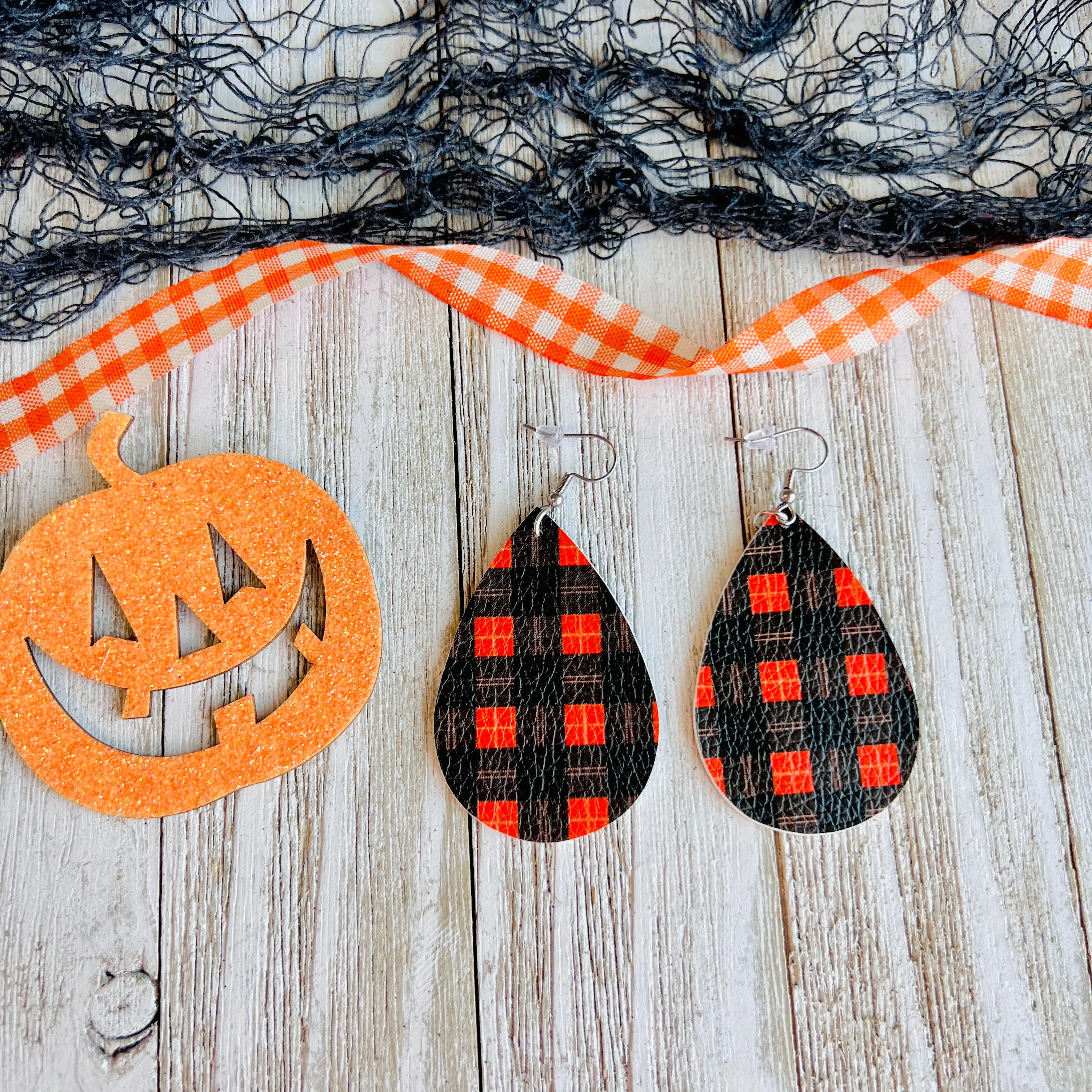 Halloween Plaid Faux Leather Drop Ear Bling