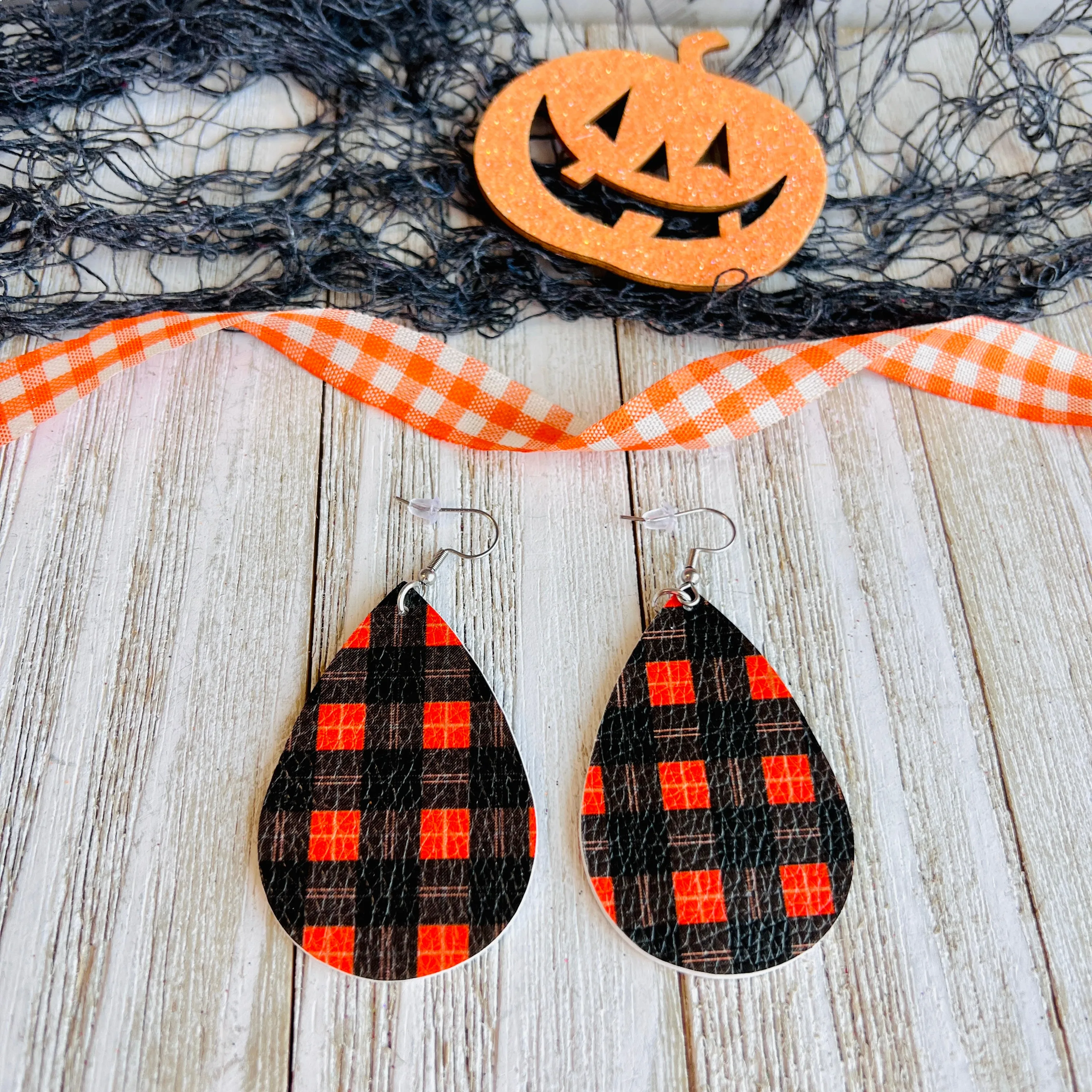 Halloween Plaid Faux Leather Drop Ear Bling