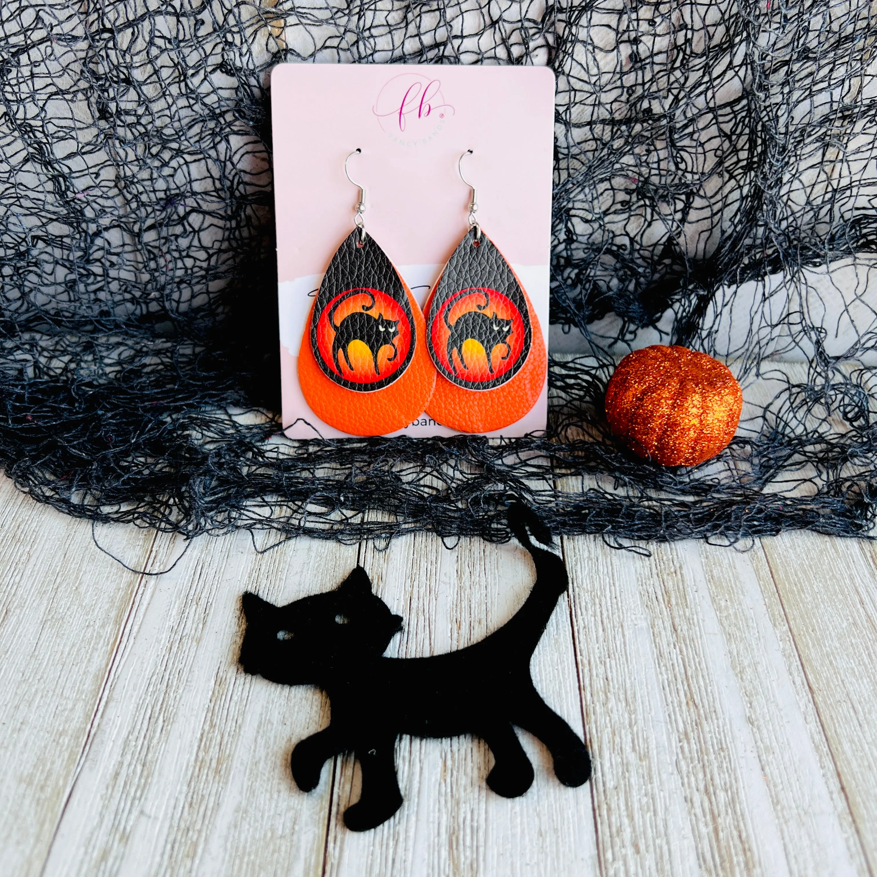 Haunted Kitty Moon Faux Leather Drop Ear Bling