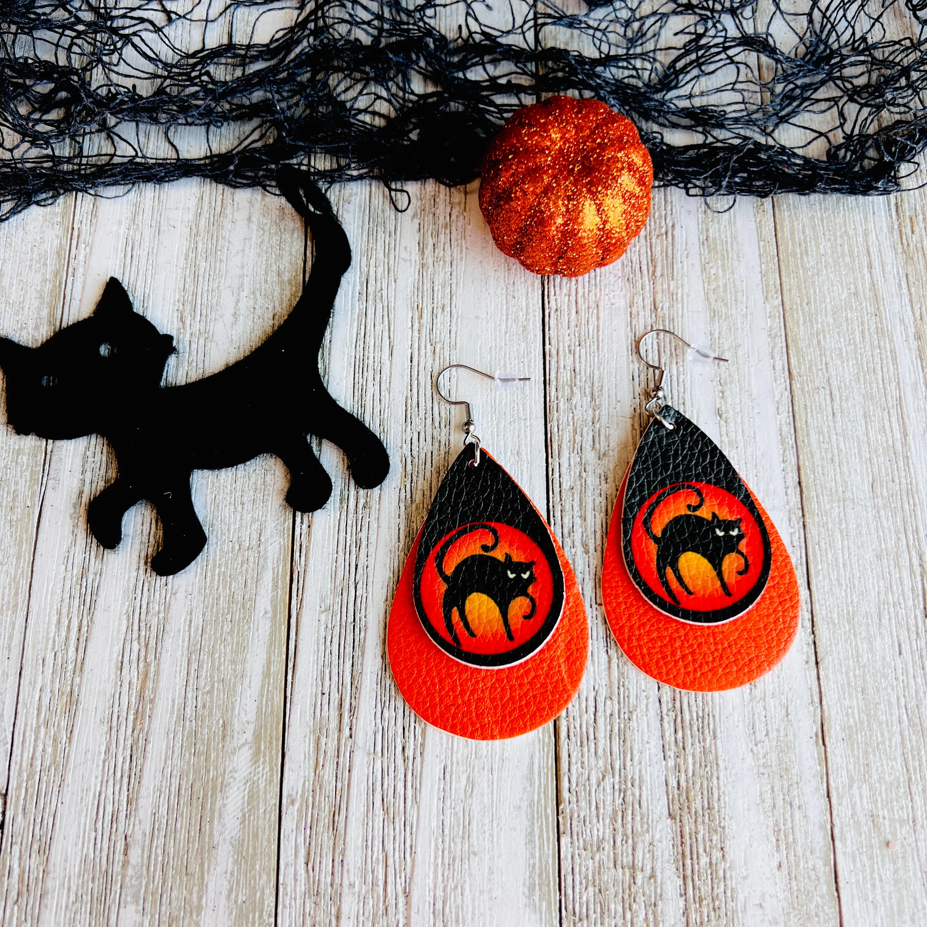 Haunted Kitty Moon Faux Leather Drop Ear Bling