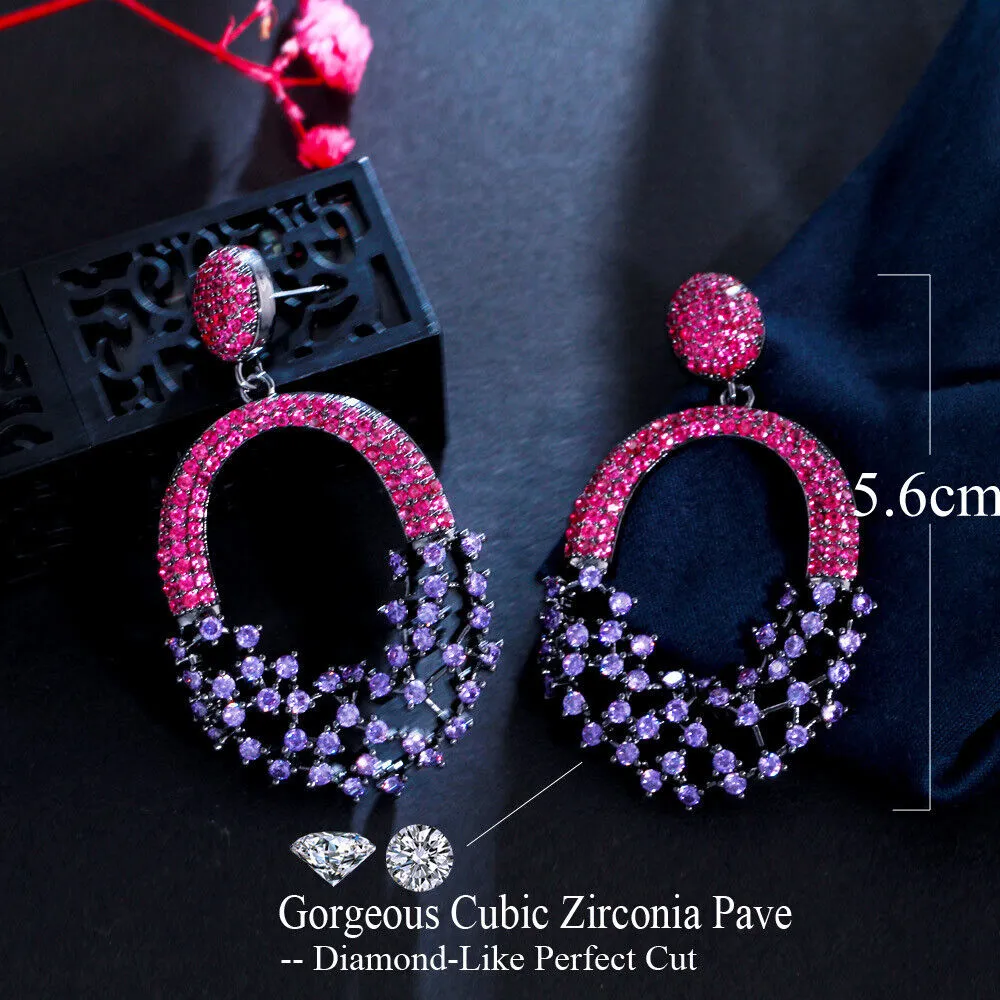 HIVAGI® Sparkling Purple Red Cubic Zirconia Dangle Earrings for Women, Elegant Hollow Out Wedding Jewellery.