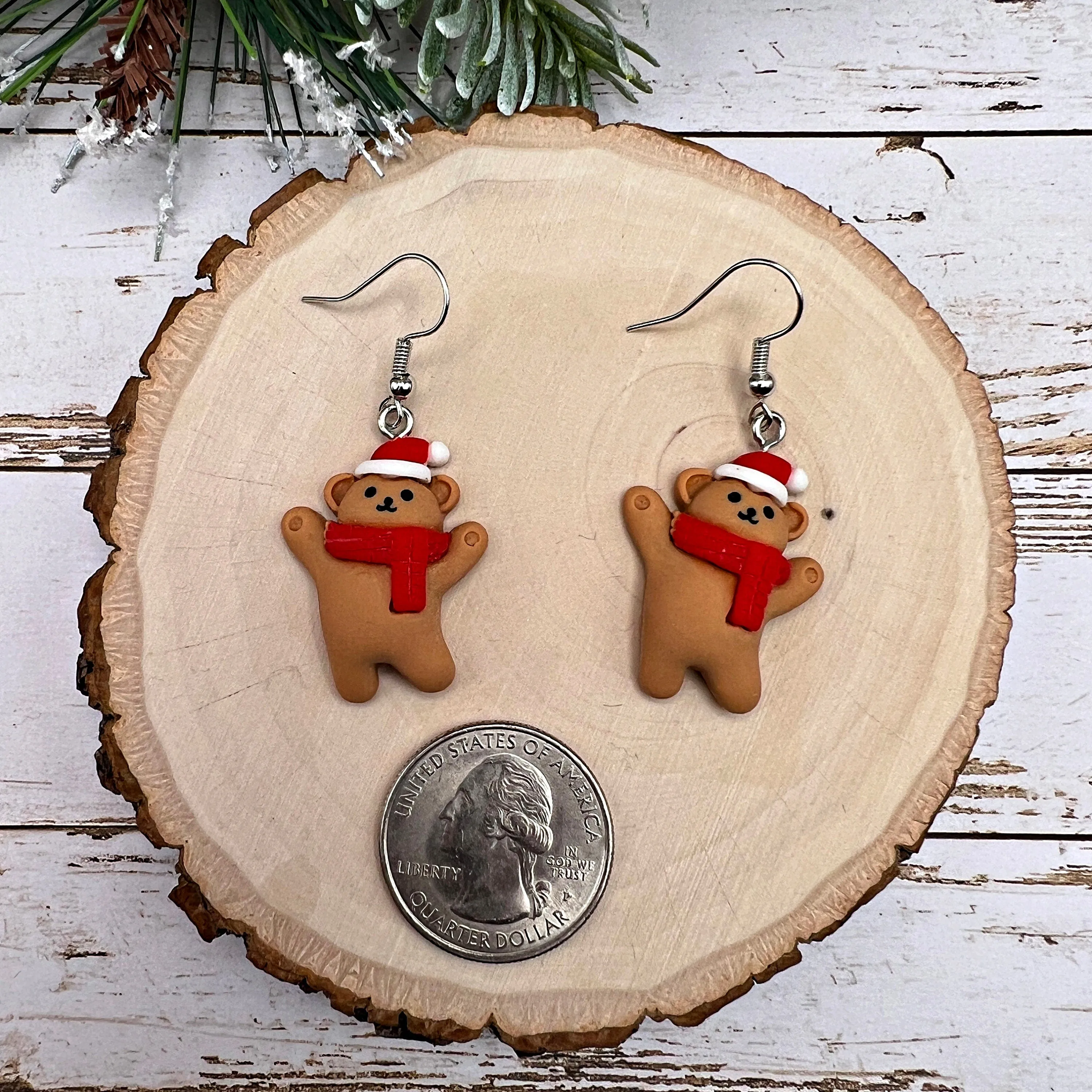 Holiday Adorable Santa Hat Teddy Bear Earrings - Clearance Christmas Stocking Stuffer