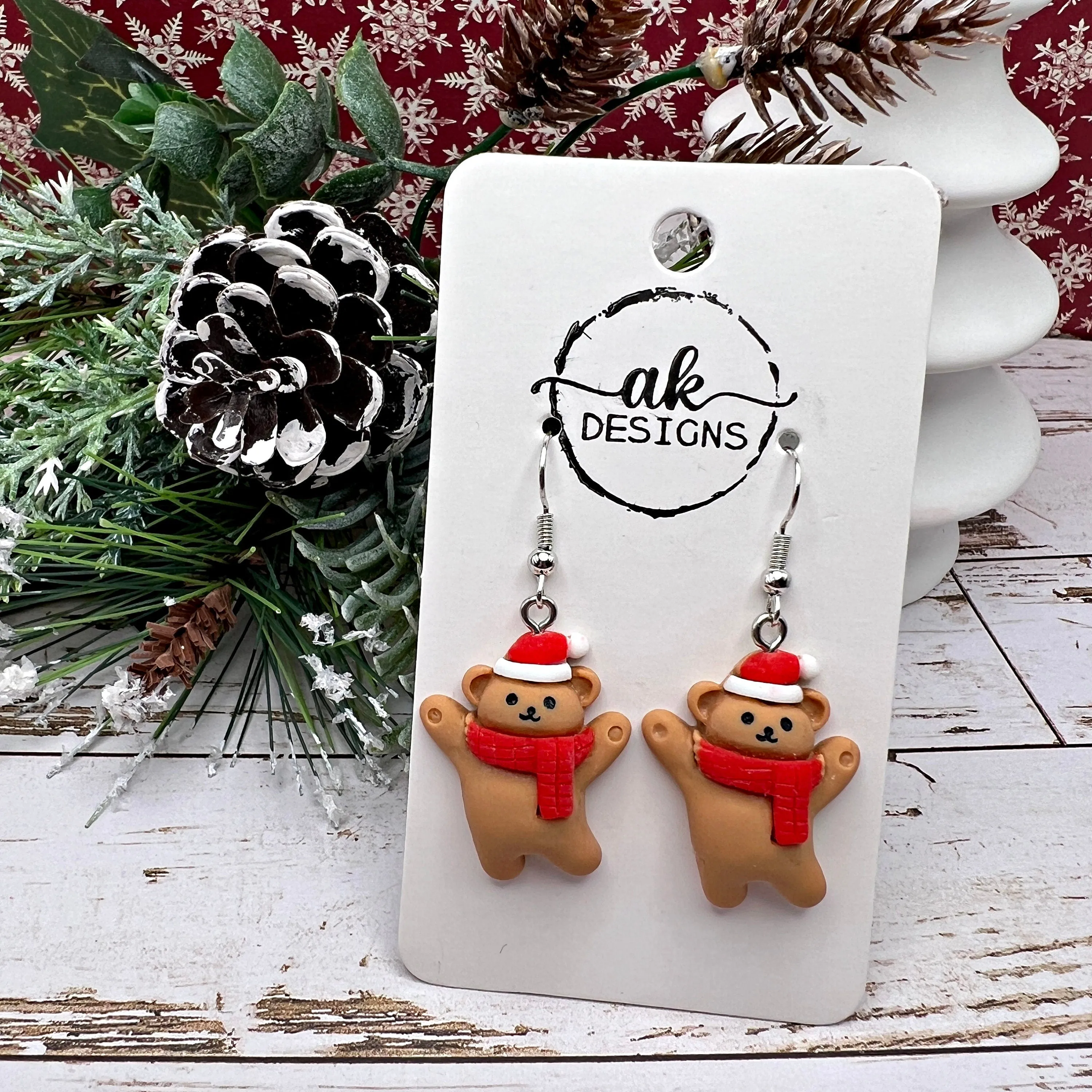 Holiday Adorable Santa Hat Teddy Bear Earrings - Clearance Christmas Stocking Stuffer