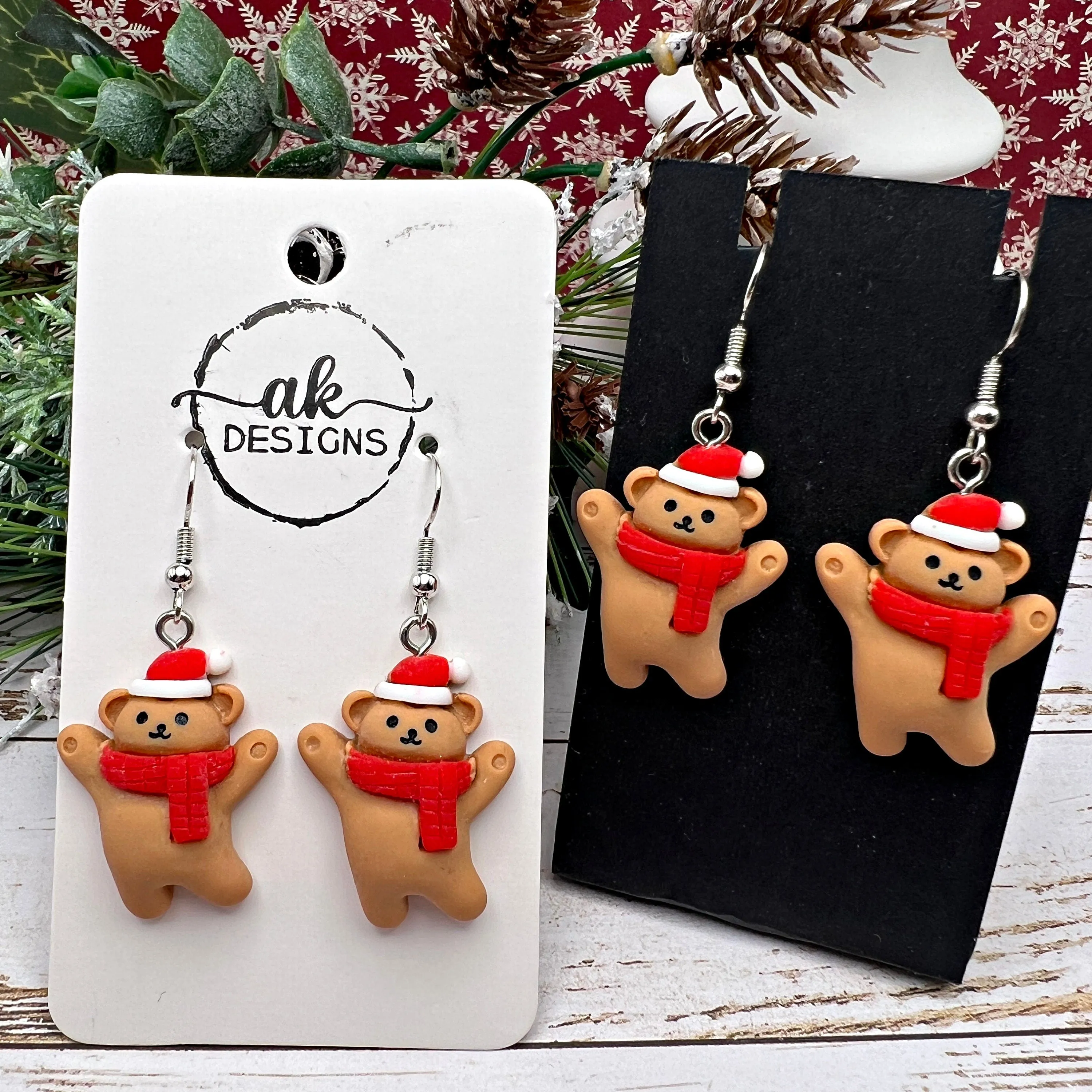 Holiday Adorable Santa Hat Teddy Bear Earrings - Clearance Christmas Stocking Stuffer