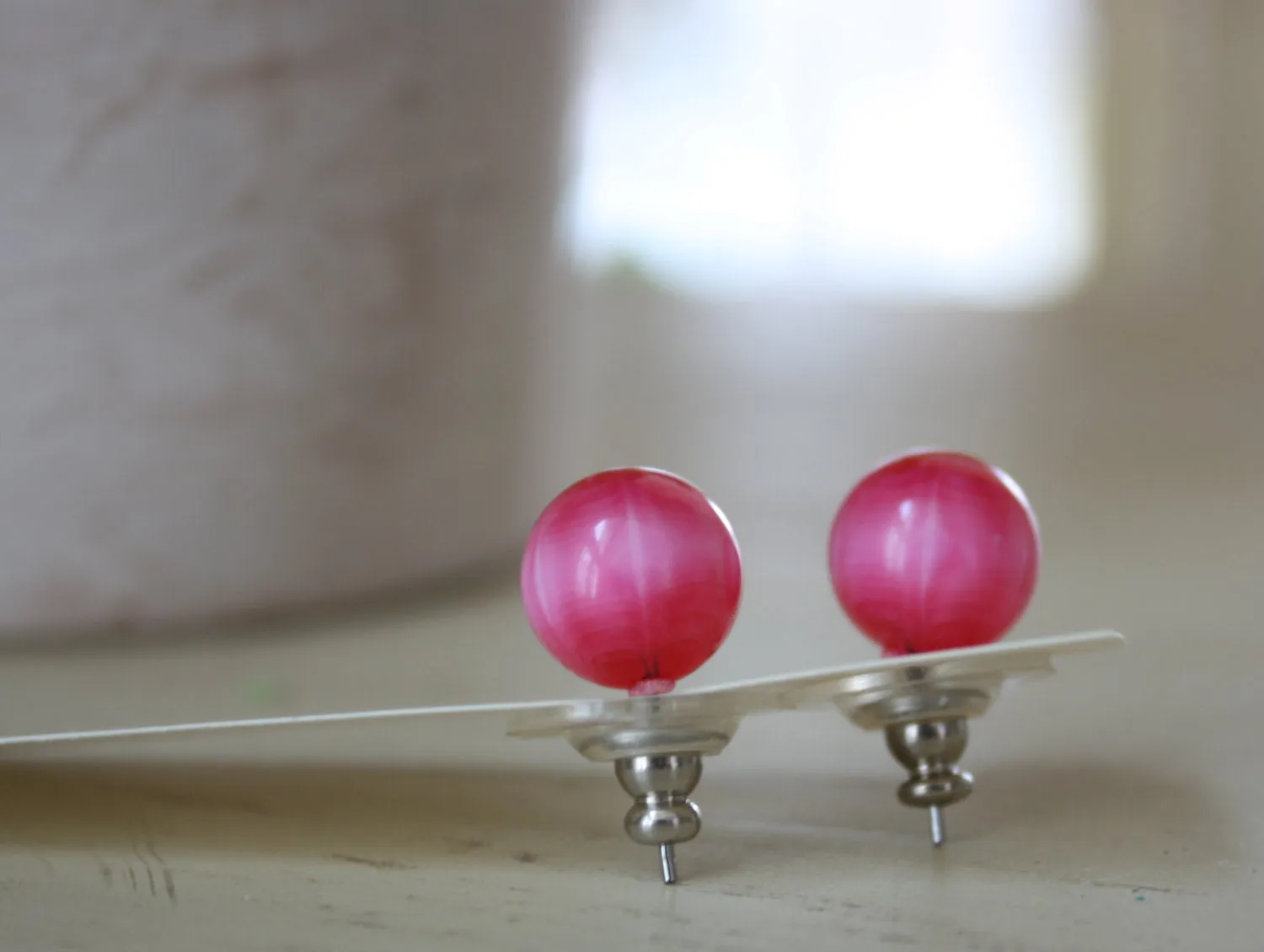 Hot Pink Fuchsia Moonglow Striped Ball Stud Earrings