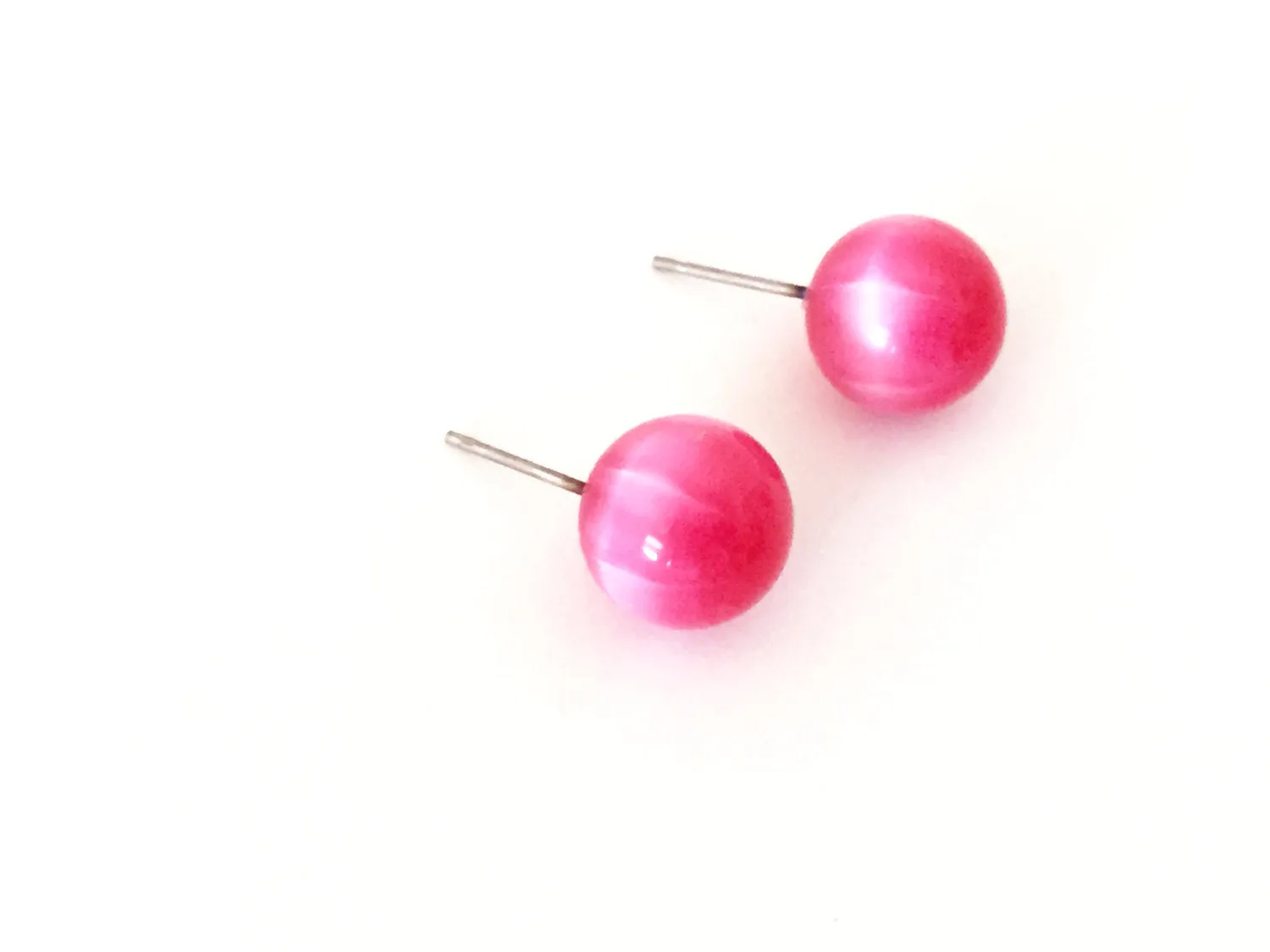 Hot Pink Fuchsia Moonglow Striped Ball Stud Earrings