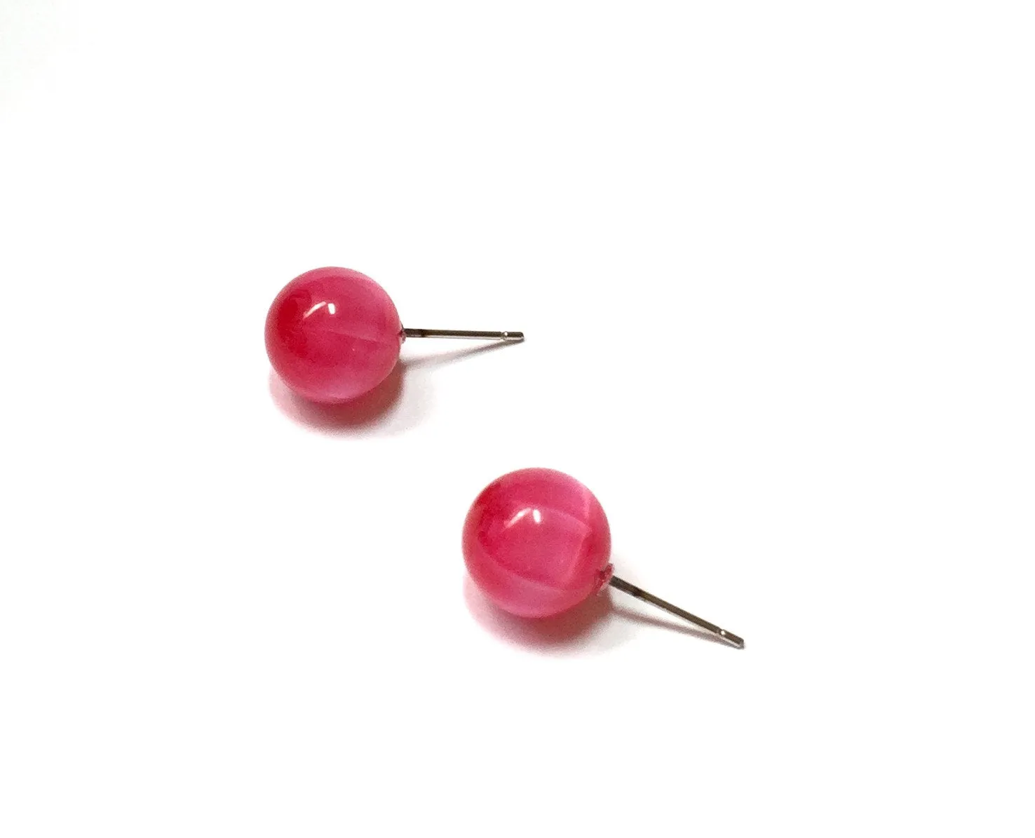 Hot Pink Fuchsia Moonglow Striped Ball Stud Earrings