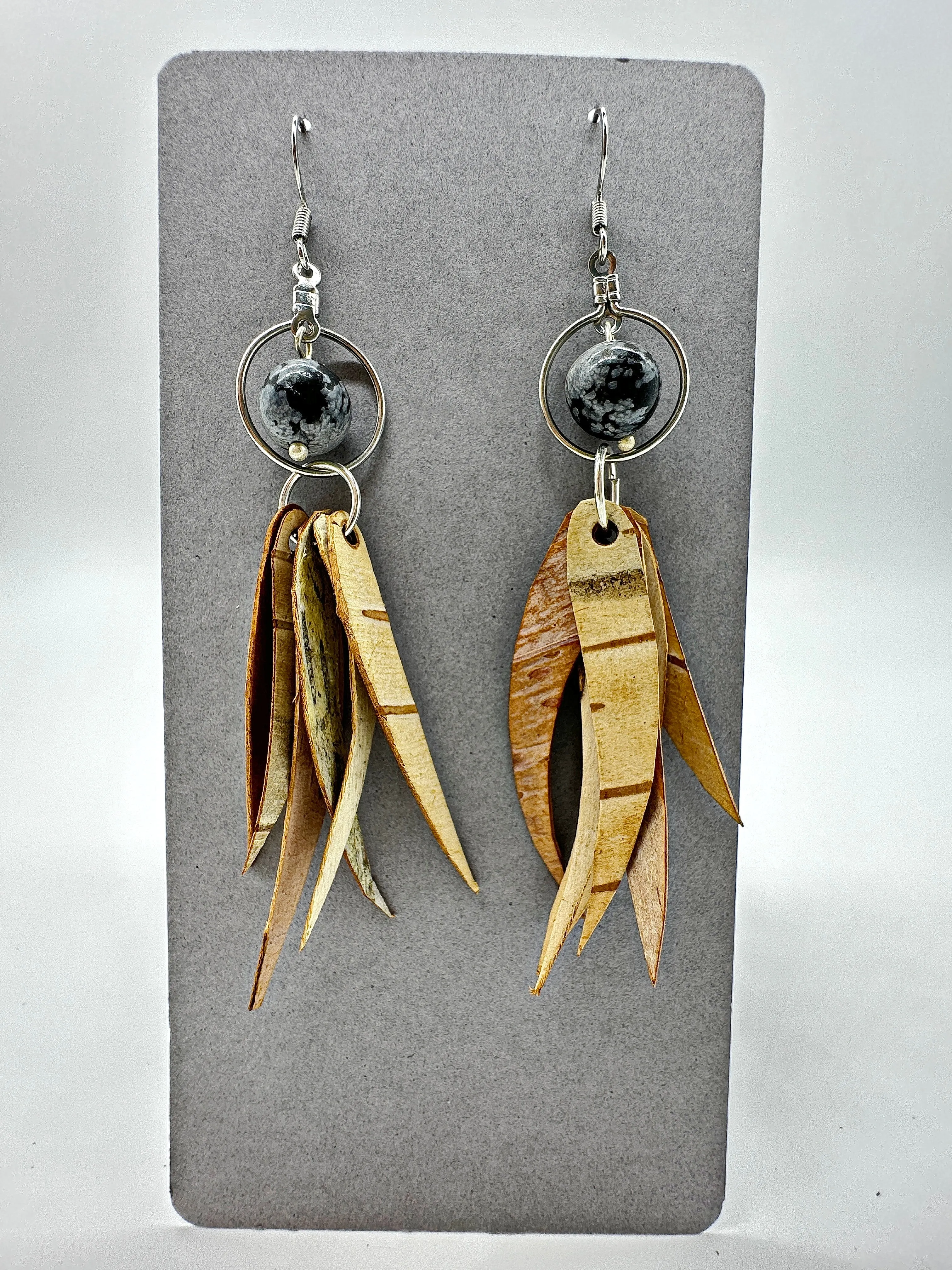 Indigenous Handcrafted Earrings - Birch Bark and Snowflake Obsidian