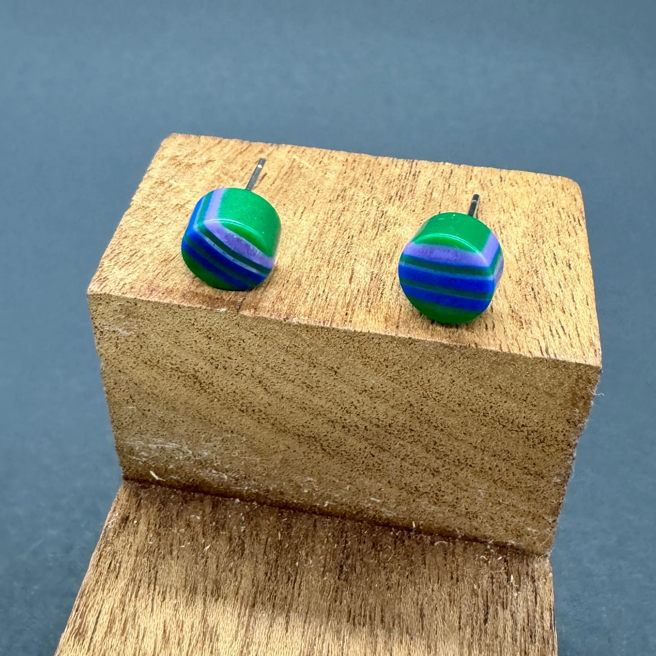 Kelly Blue & Purple Stripe Cane Slice Stud Earrings