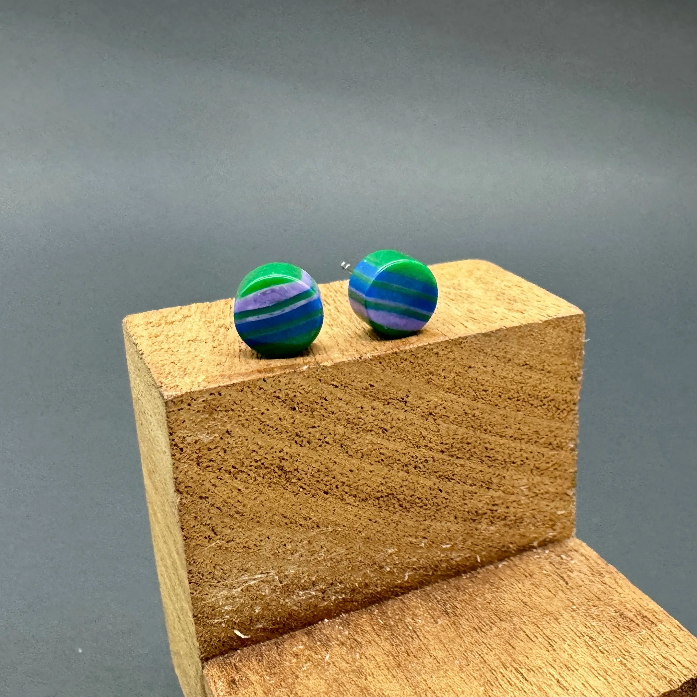 Kelly Blue & Purple Stripe Cane Slice Stud Earrings