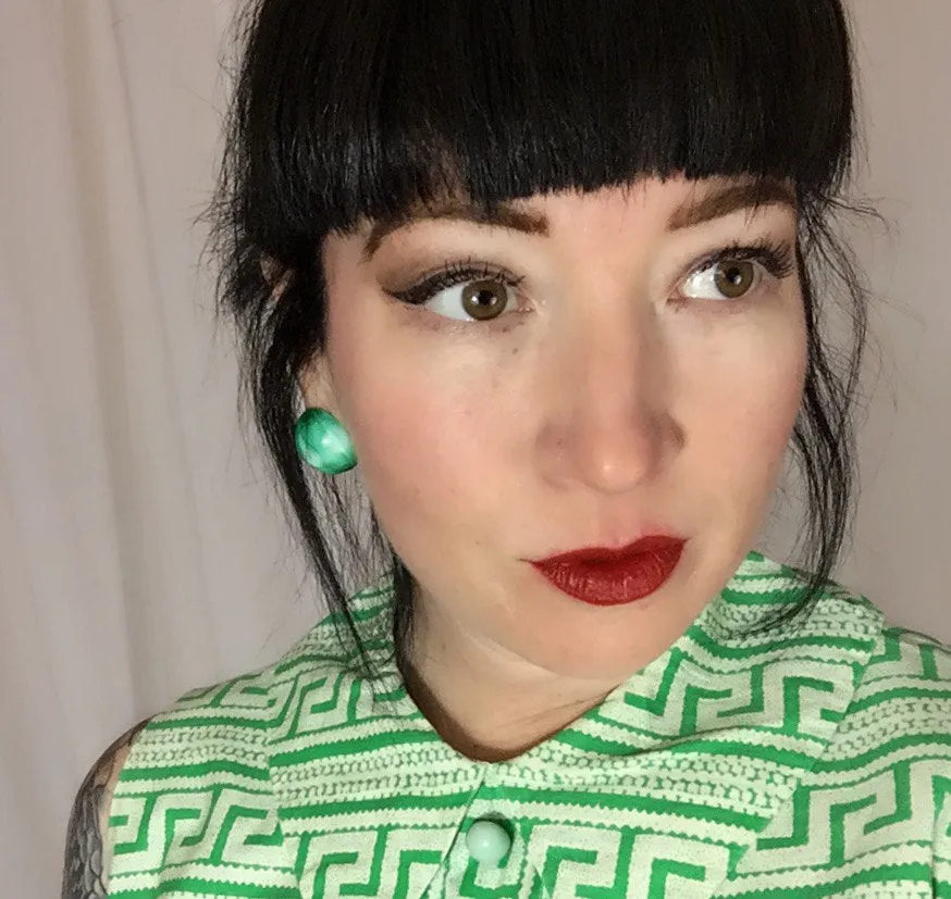 Kelly Green Marbled Striped Moonglow Retro Button Stud Earrings