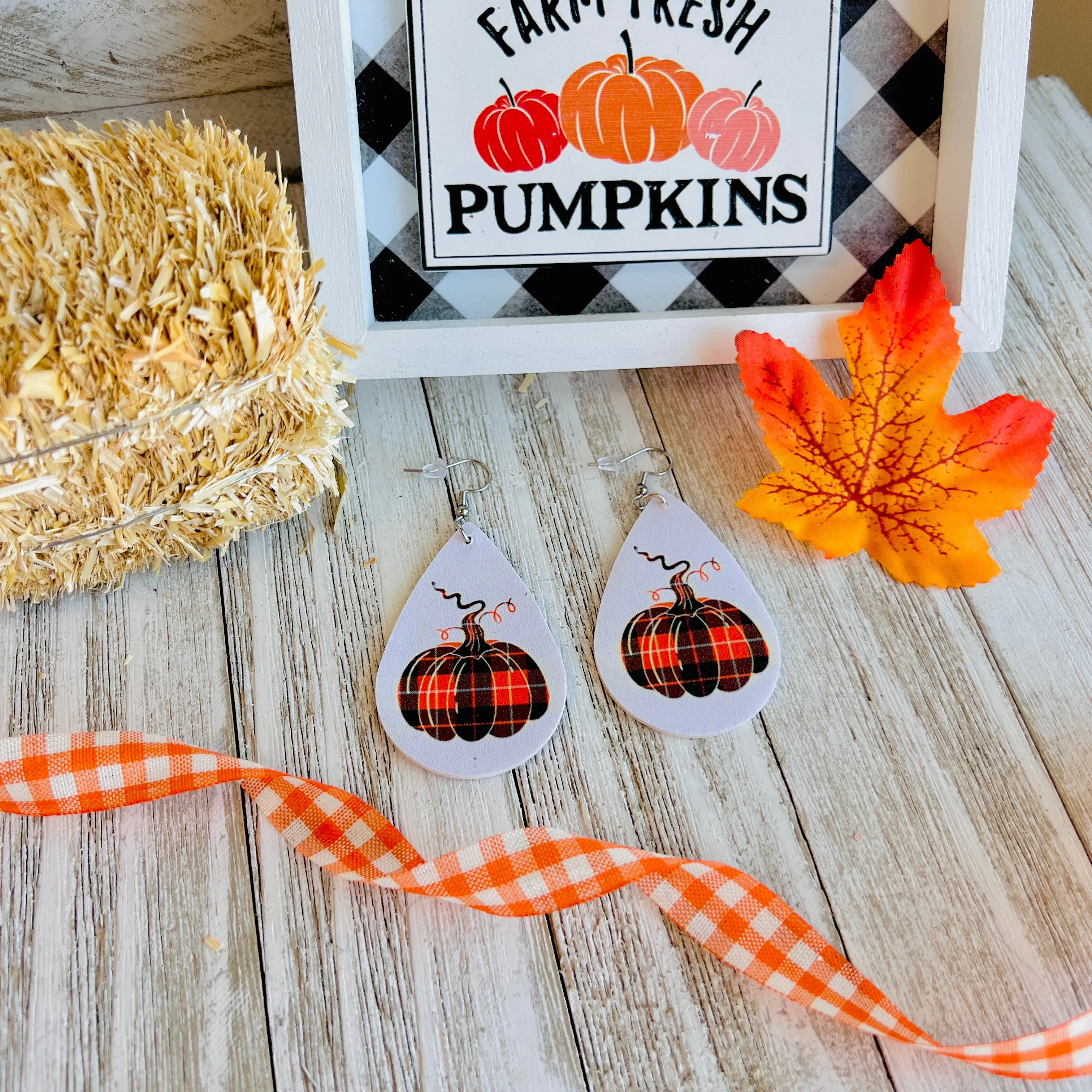 Plaid Pumpkin Faux Leather Drop Ear Bling