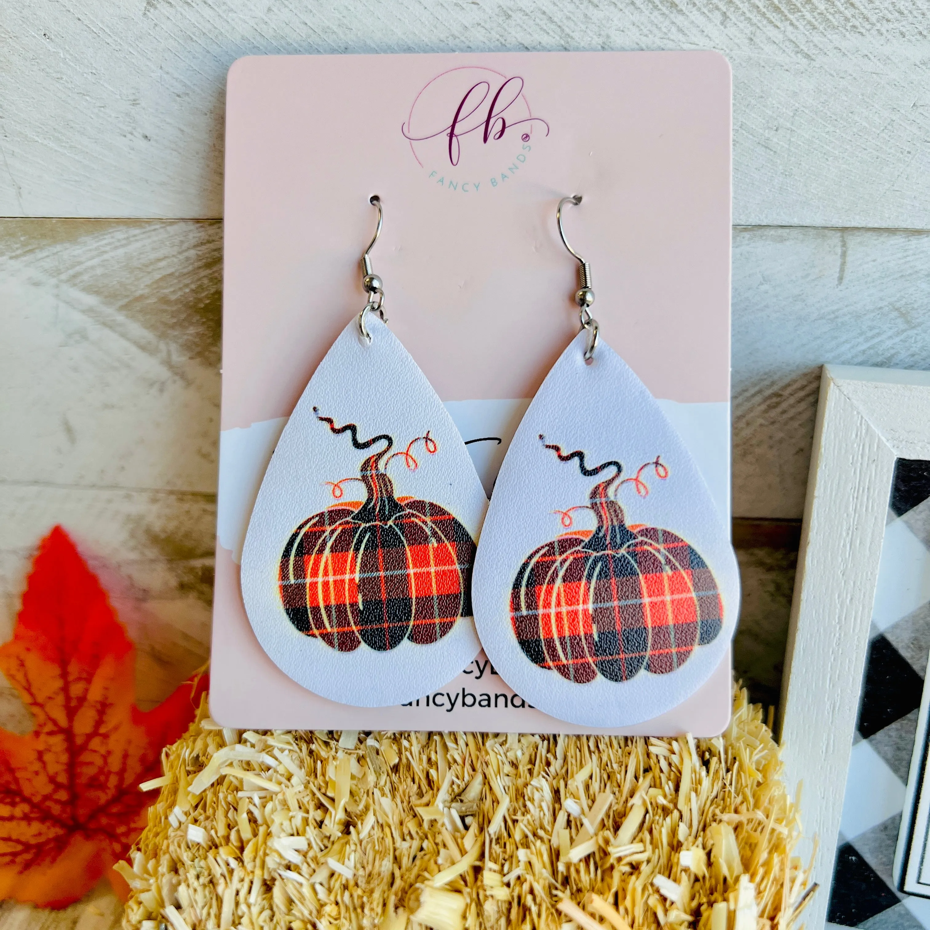 Plaid Pumpkin Faux Leather Drop Ear Bling