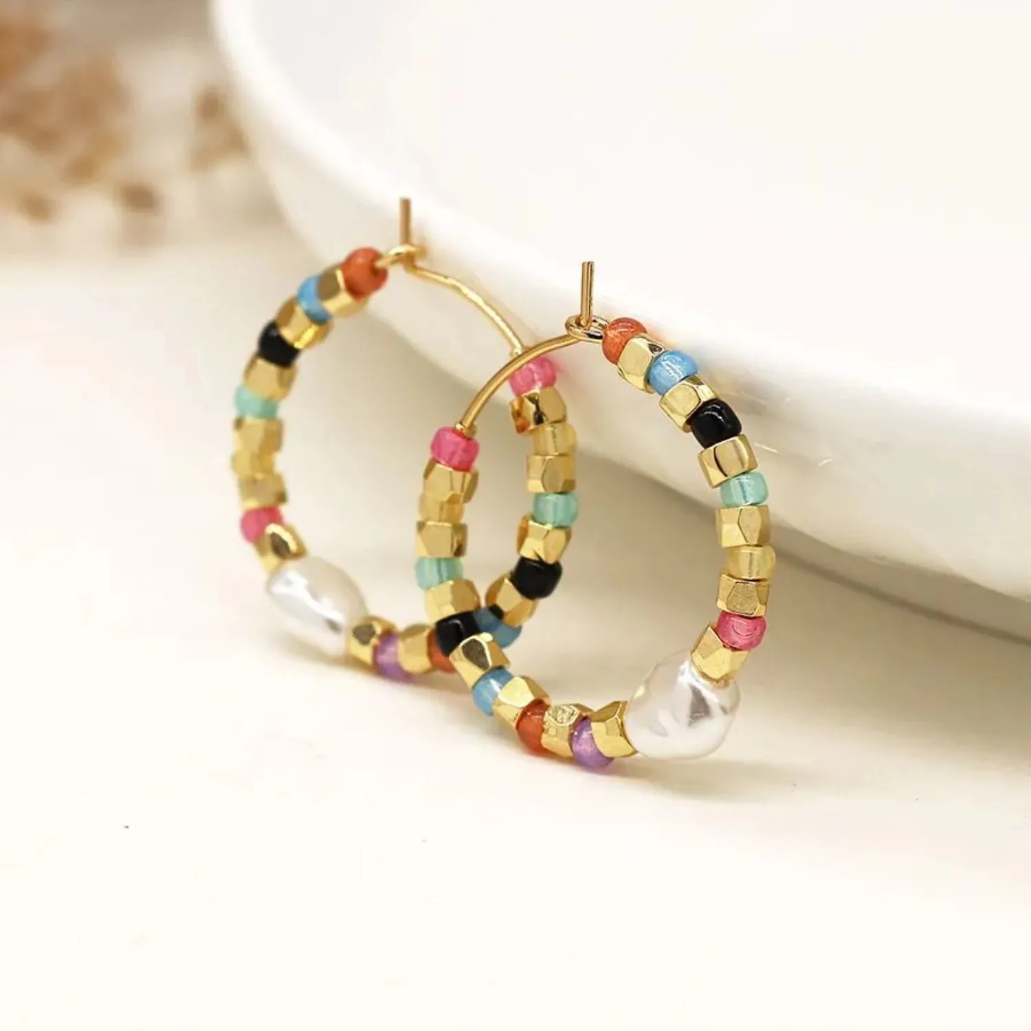 POM Multi-Coloured Pearl Bead Gold Plated Hoop Earrings