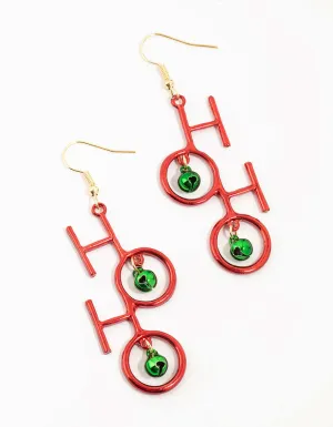 Red Coated Metal Ho Ho Ho Bell  Drop Earrings