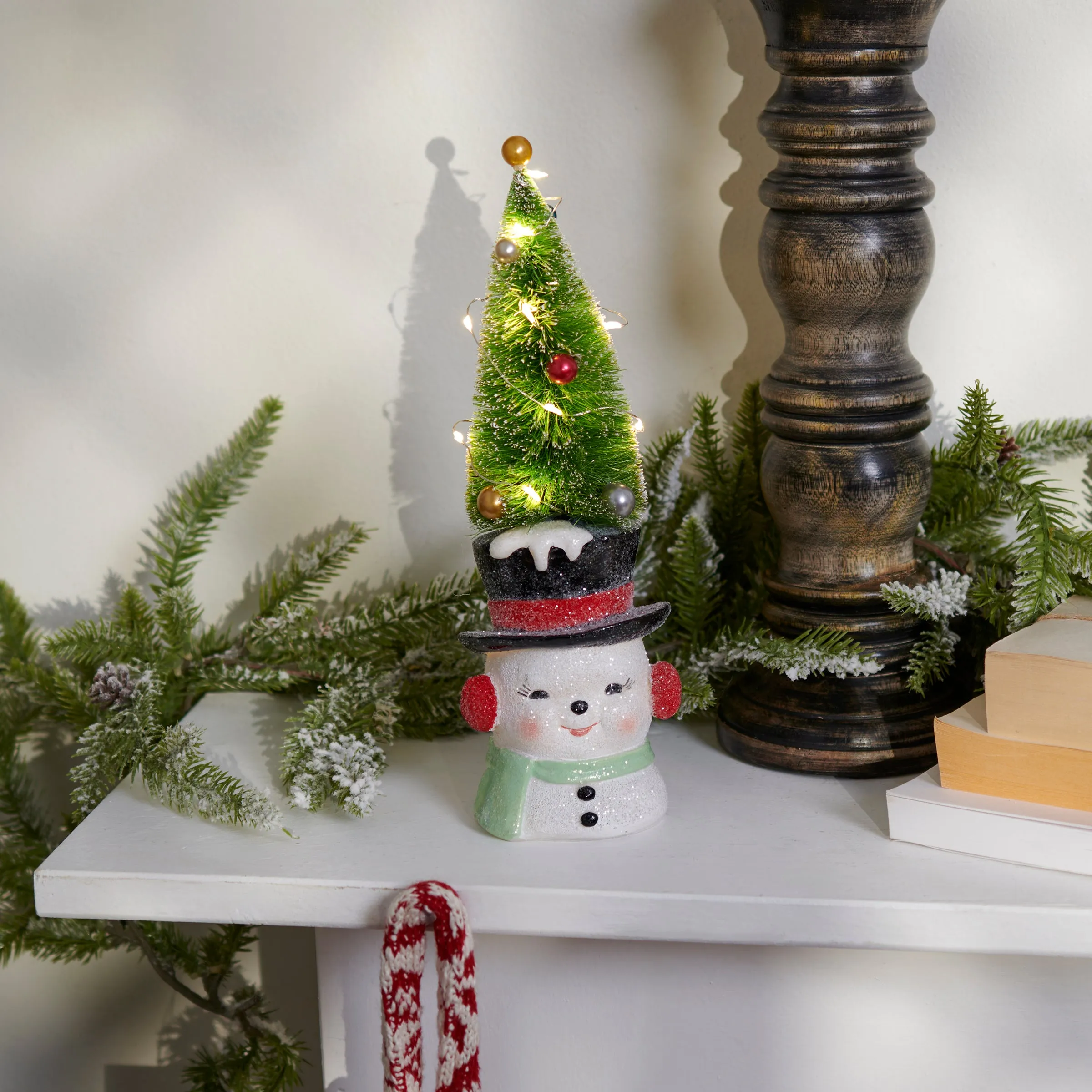 Retro Lighted Snowman with Bottlebrush Tree