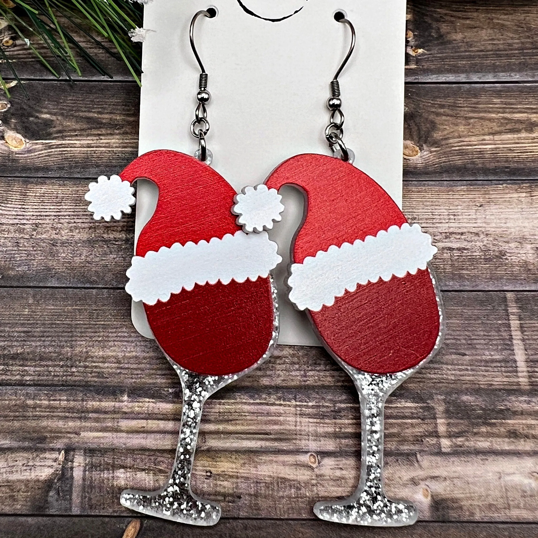 Santa Hat Red Wine Glitter Oversized Acrylic Stainless Steel  Earrings, Hypoallergenic Holiday Gift