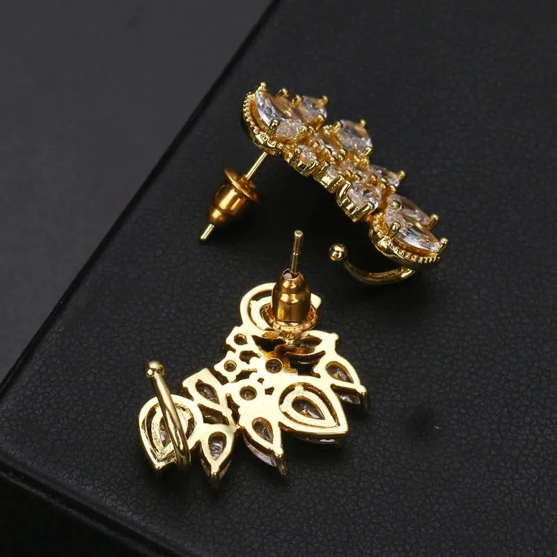 Shimmering Leaf-shaped Zircon Adorned Stud Earrings