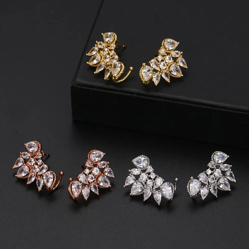 Shimmering Leaf-shaped Zircon Adorned Stud Earrings