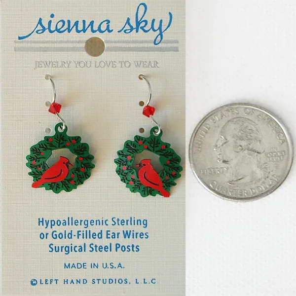 Sienna Sky Christmas Cardinals on a Holiday Wreath Pierced Earrings