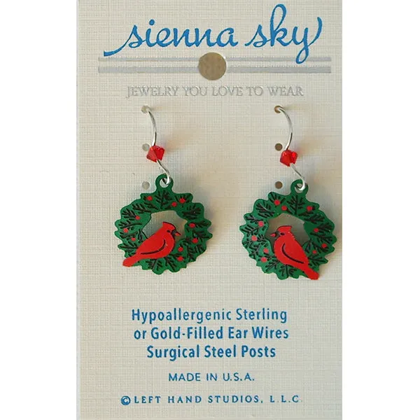 Sienna Sky Christmas Cardinals on a Holiday Wreath Pierced Earrings