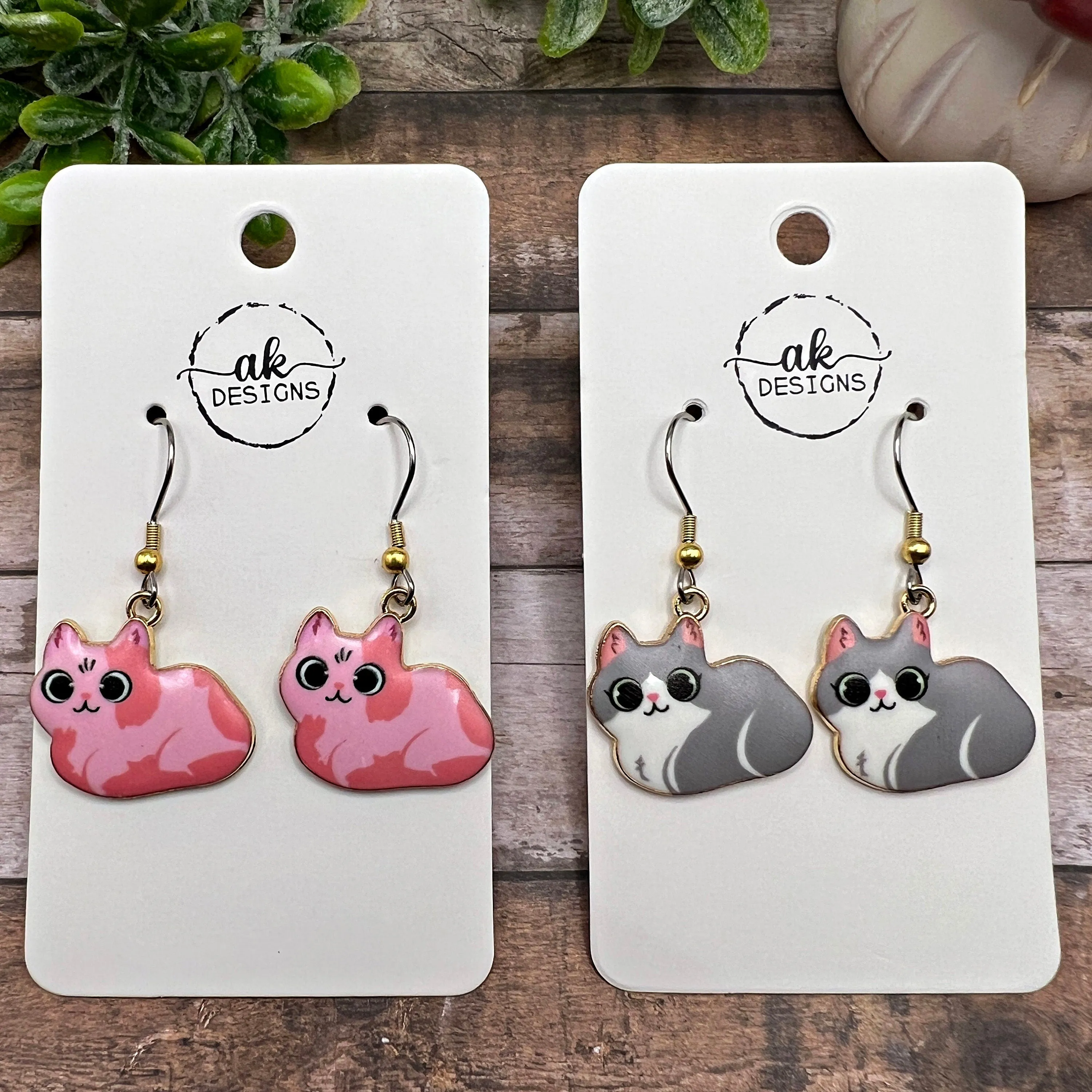 Silver and Gold Two-Toned Stainless Steel Cat Pink Grey  Earrings, Hypoallergenic Gift - Clearance