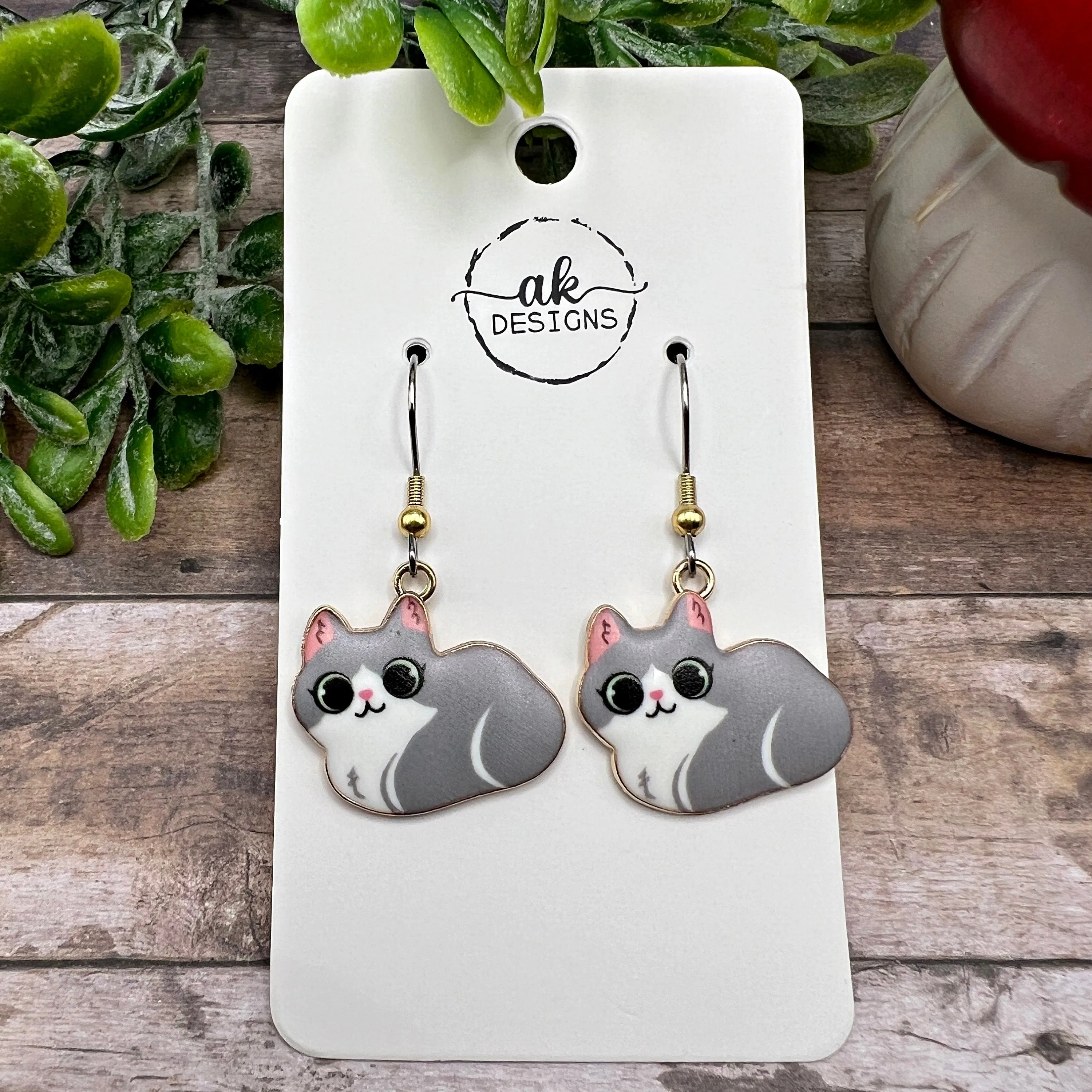 Silver and Gold Two-Toned Stainless Steel Cat Pink Grey  Earrings, Hypoallergenic Gift - Clearance