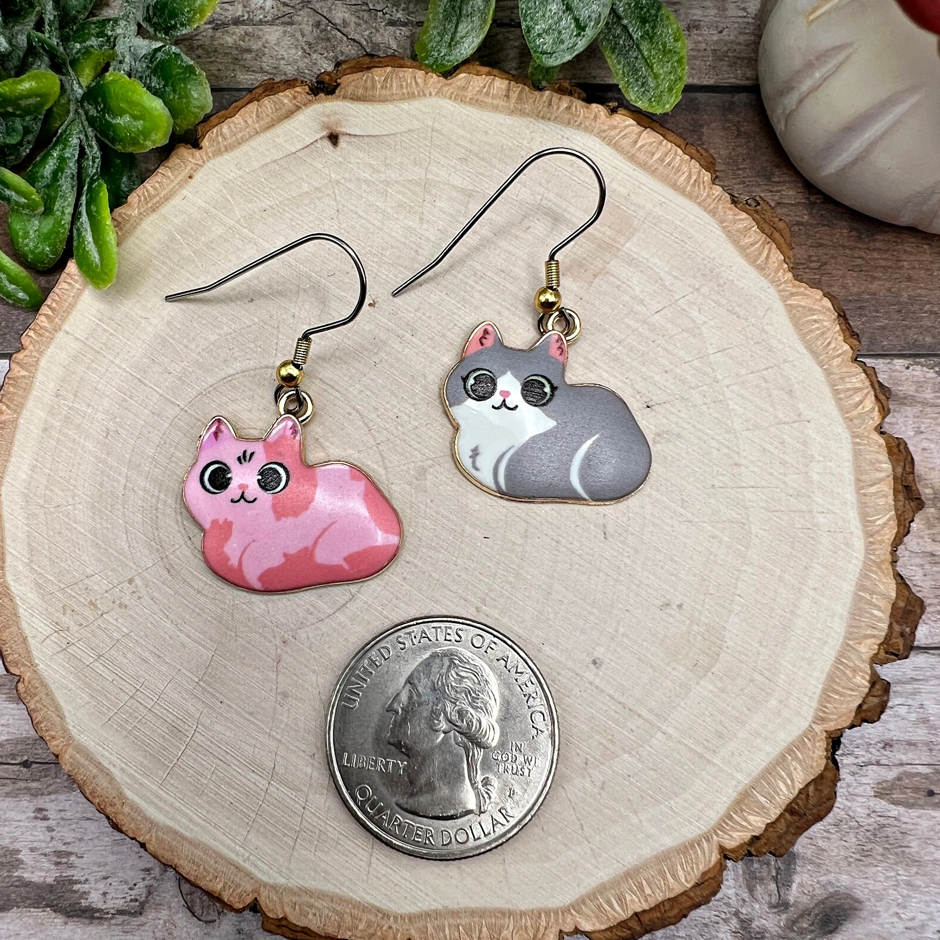 Silver and Gold Two-Toned Stainless Steel Cat Pink Grey  Earrings, Hypoallergenic Gift - Clearance