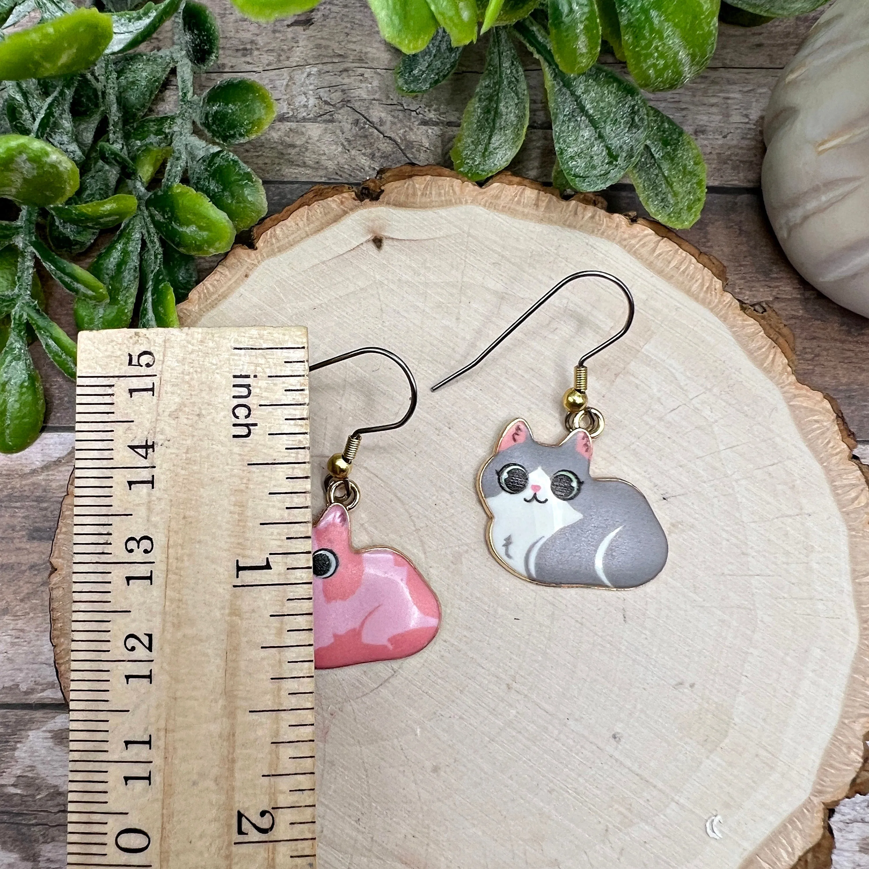 Silver and Gold Two-Toned Stainless Steel Cat Pink Grey  Earrings, Hypoallergenic Gift - Clearance