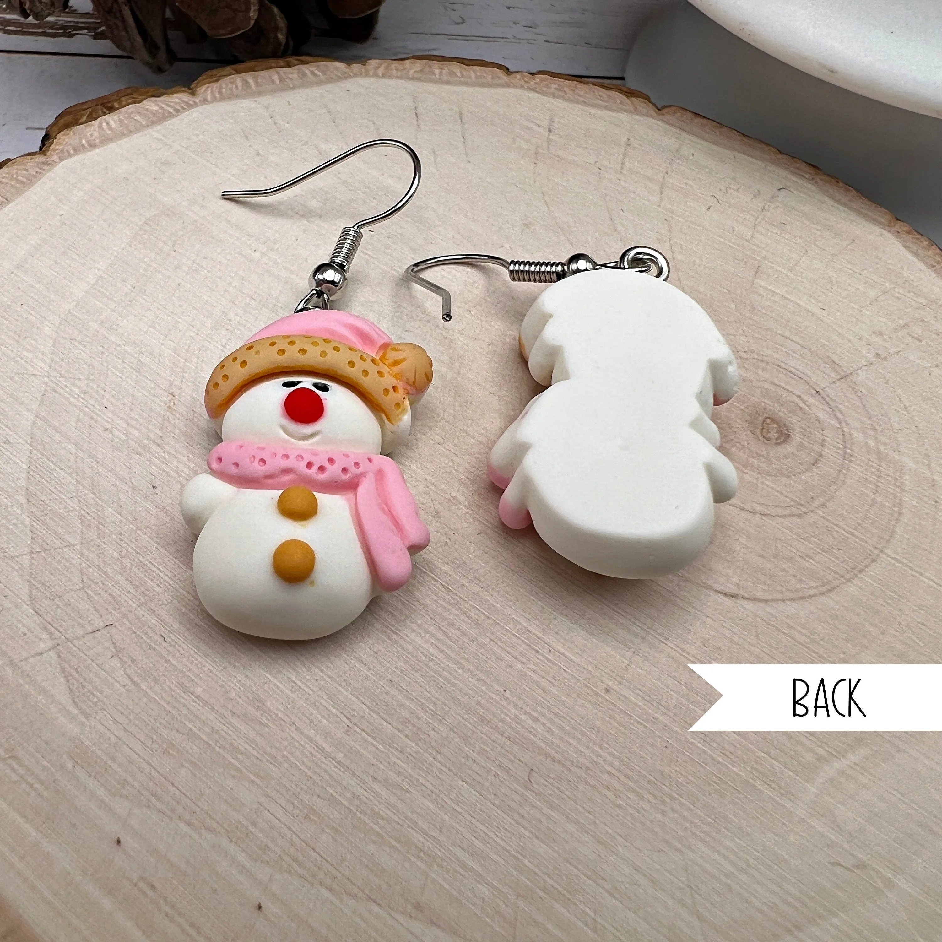 Snowwoman Snowgirl Snowman Pink Hat Scarf Resin Hypoallergenic  Christmas Winter Earrings