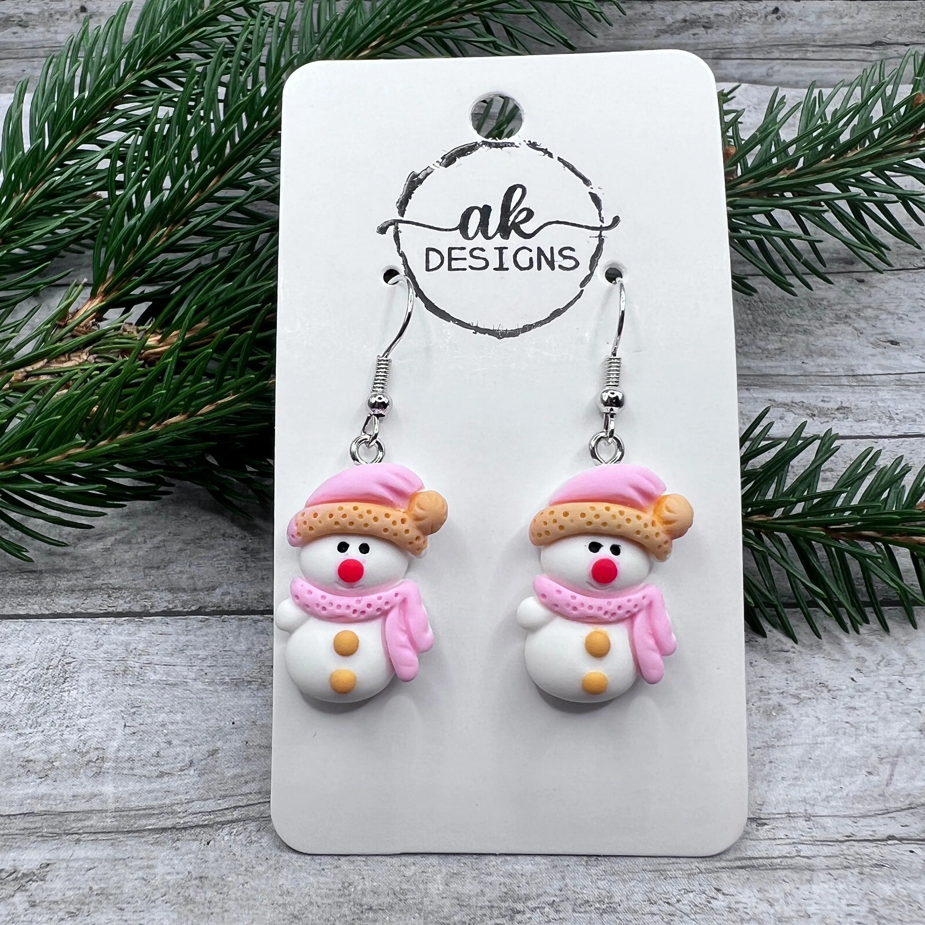 Snowwoman Snowgirl Snowman Pink Hat Scarf Resin Hypoallergenic  Christmas Winter Earrings