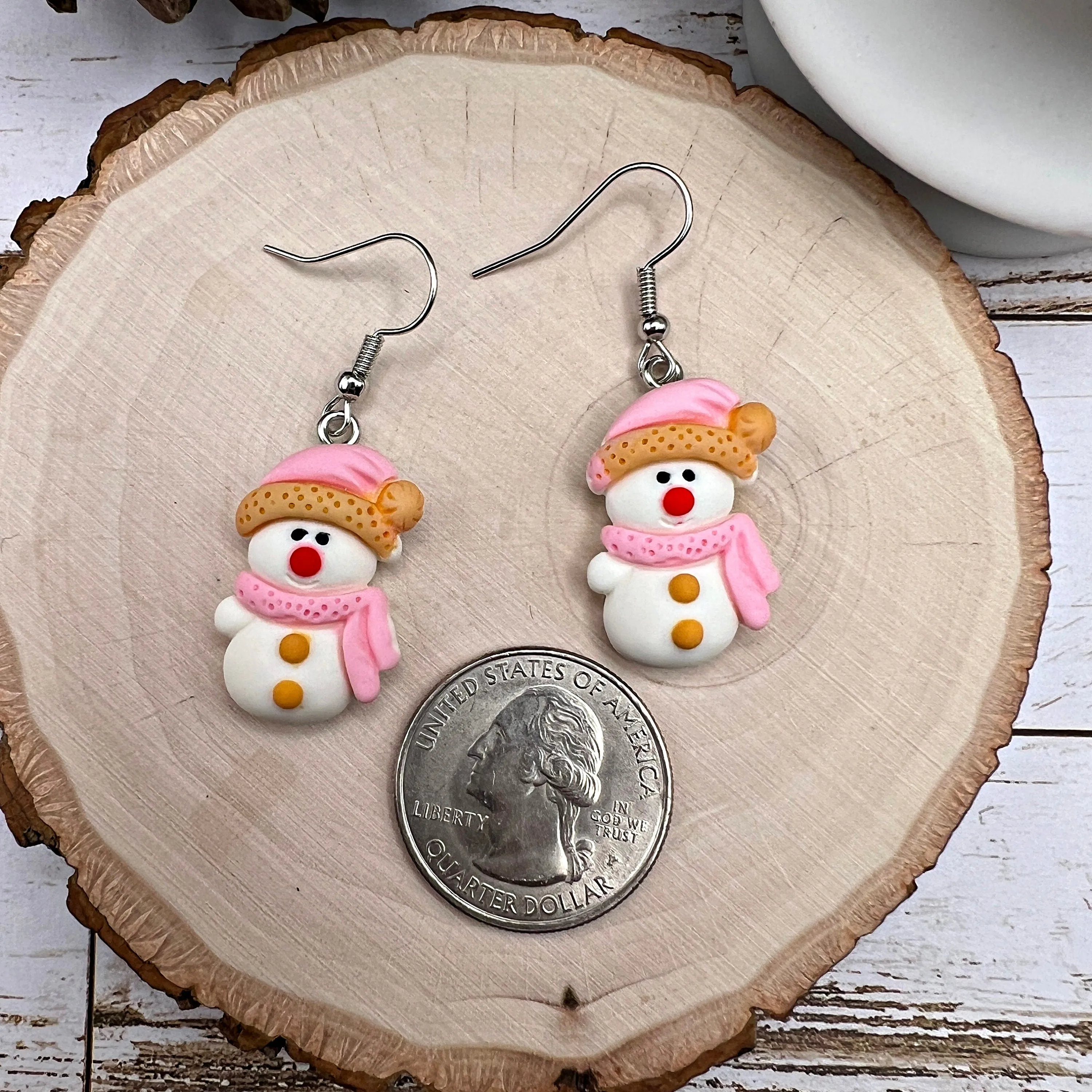 Snowwoman Snowgirl Snowman Pink Hat Scarf Resin Hypoallergenic  Christmas Winter Earrings