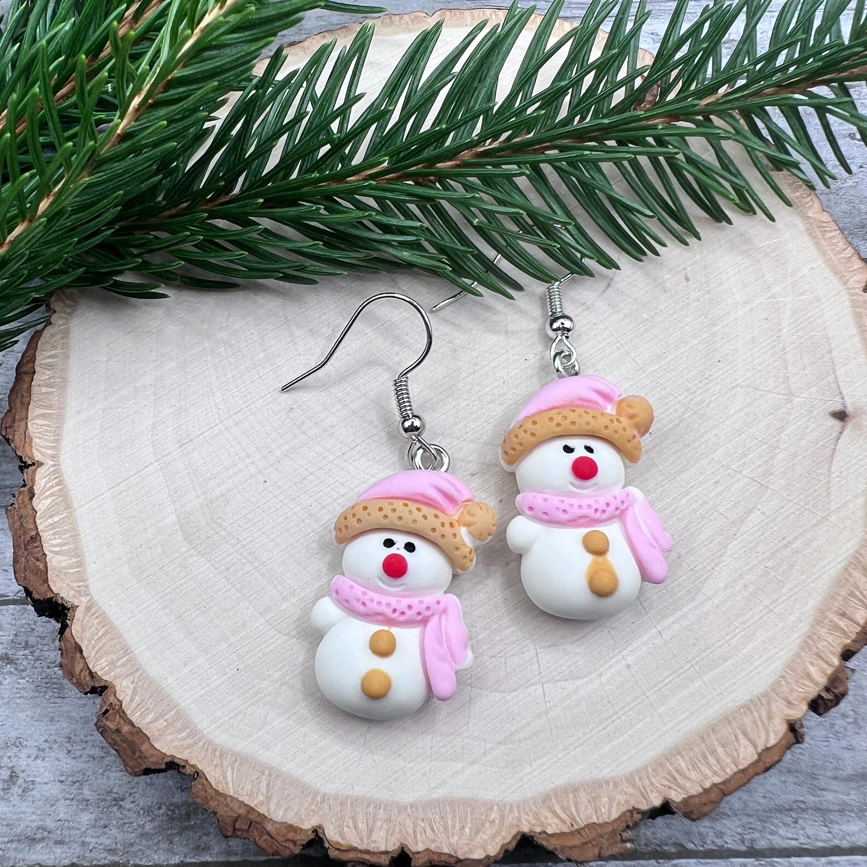 Snowwoman Snowgirl Snowman Pink Hat Scarf Resin Hypoallergenic  Christmas Winter Earrings