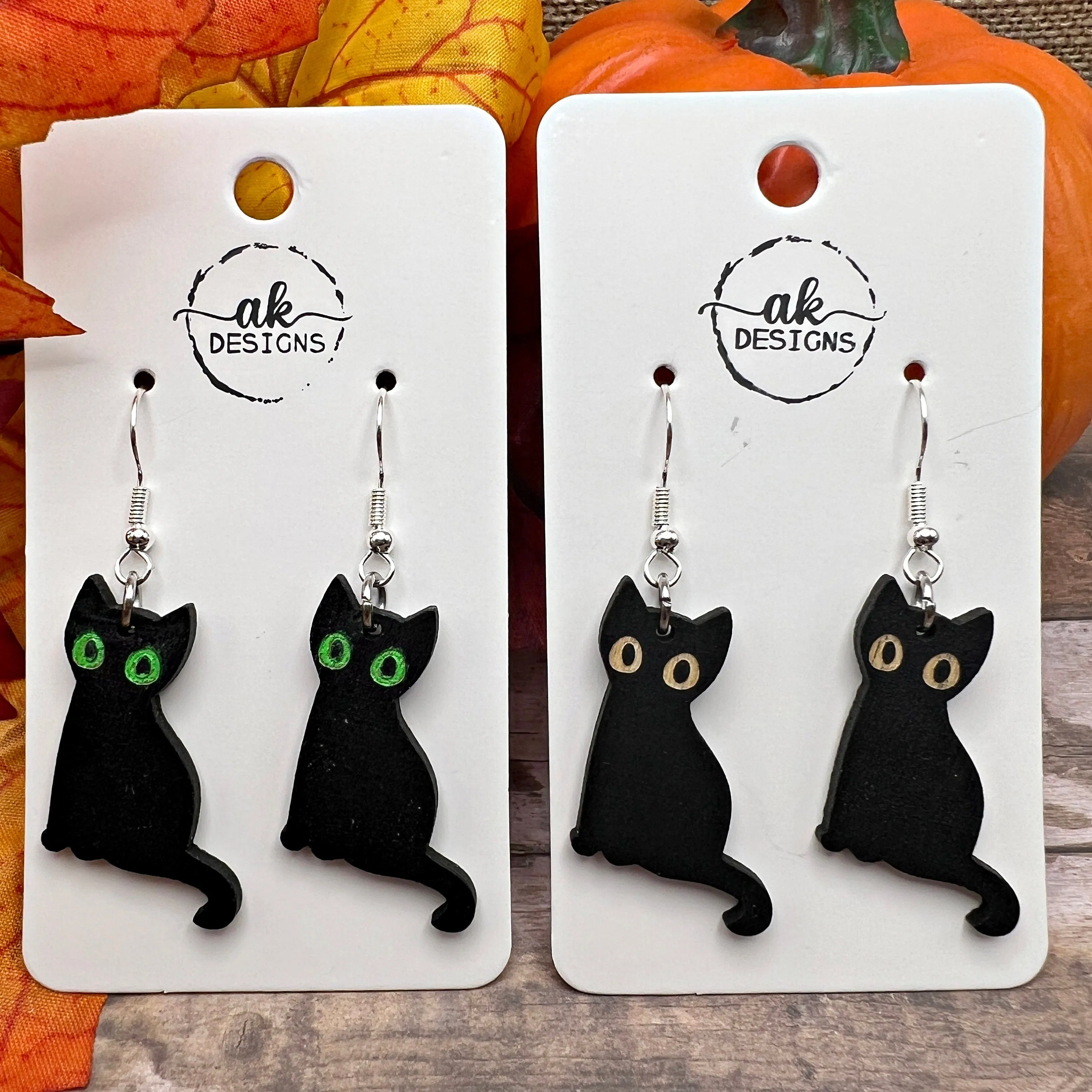 Spooky Black Halloween Cat Painted Wood Hypoallergenic  Earrings