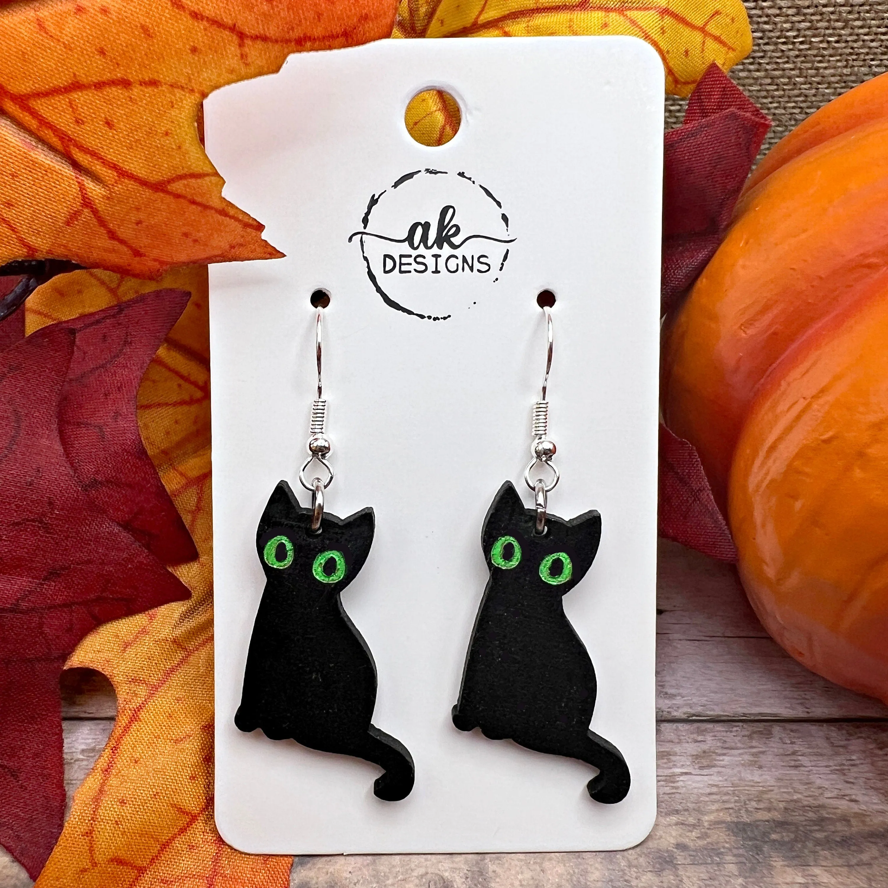 Spooky Black Halloween Cat Painted Wood Hypoallergenic  Earrings