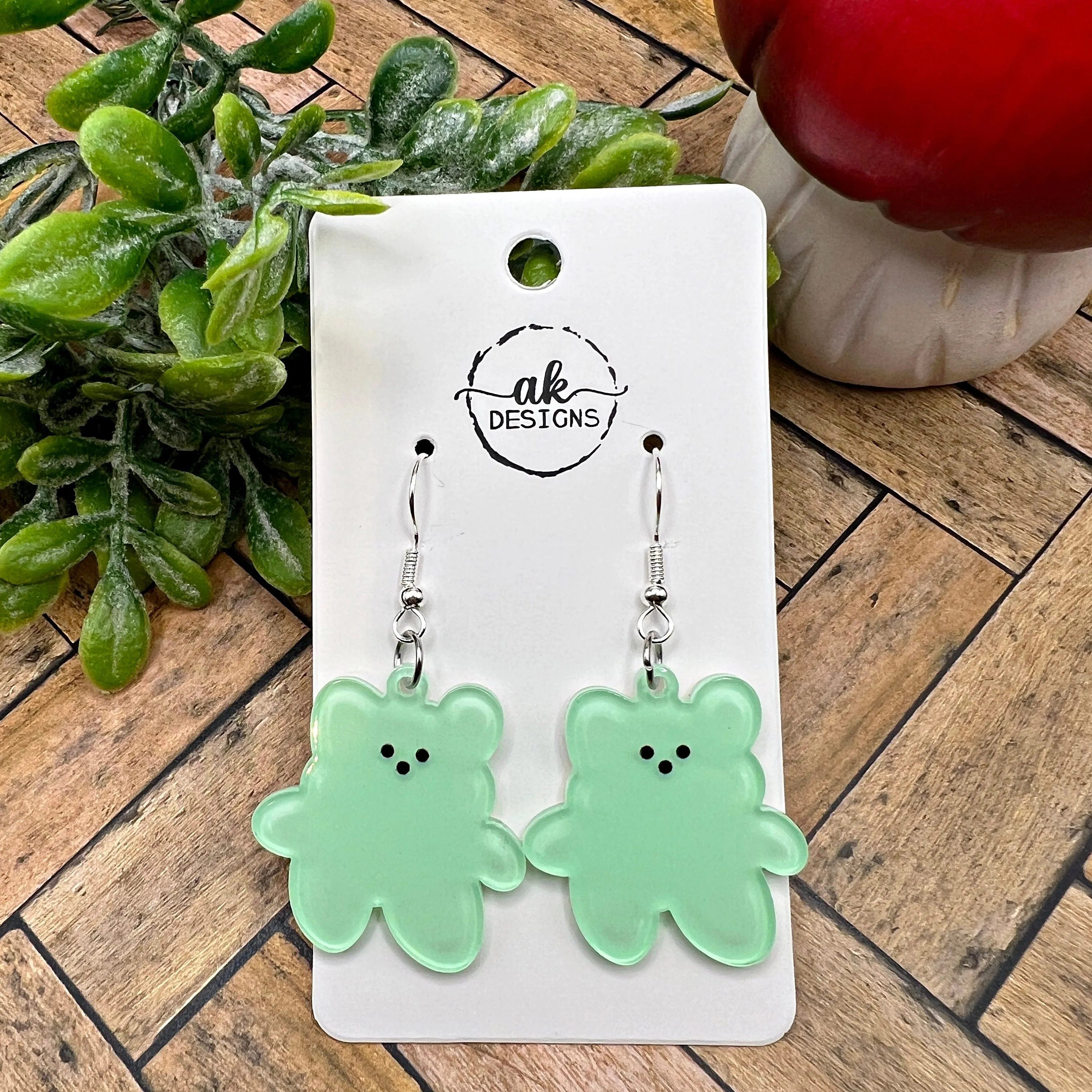 Teddy Bear Blue or Green Bright Lightweight Acrylic  Earrings, Hypoallergenic Gift - Clearance