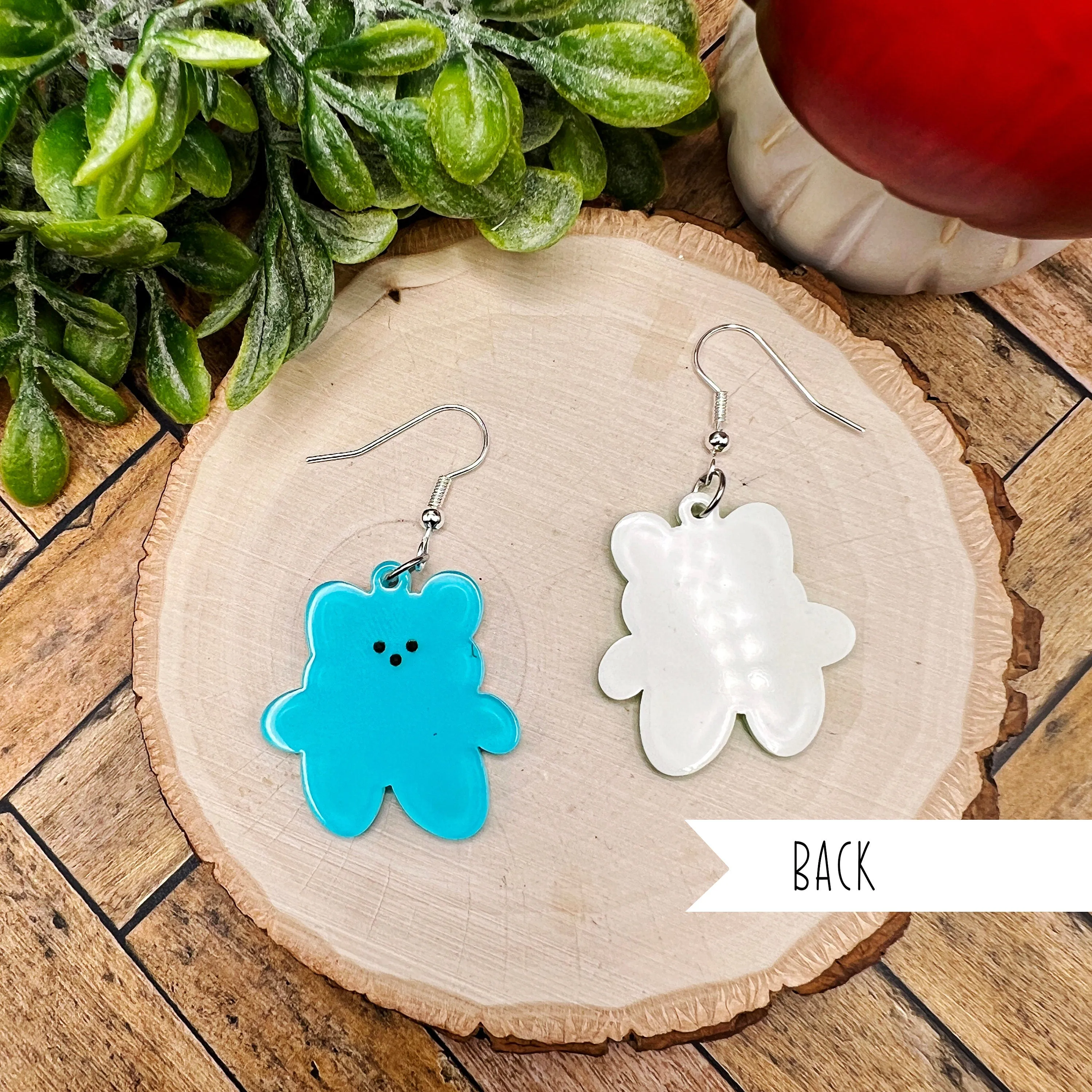 Teddy Bear Blue or Green Bright Lightweight Acrylic  Earrings, Hypoallergenic Gift - Clearance