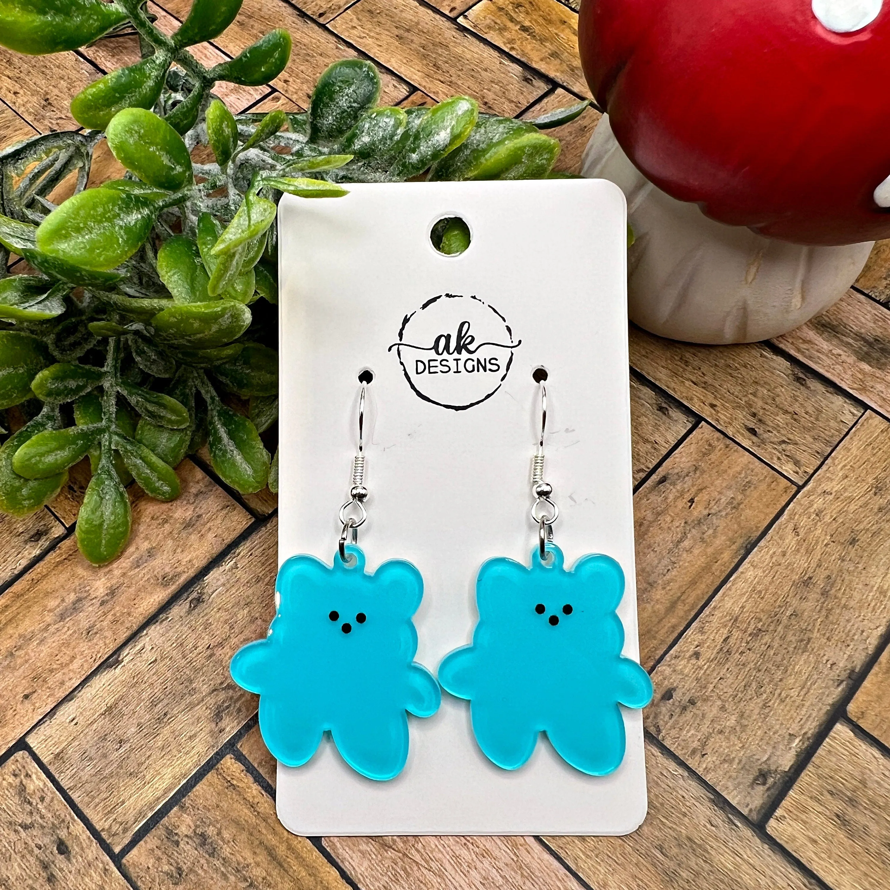 Teddy Bear Blue or Green Bright Lightweight Acrylic  Earrings, Hypoallergenic Gift - Clearance