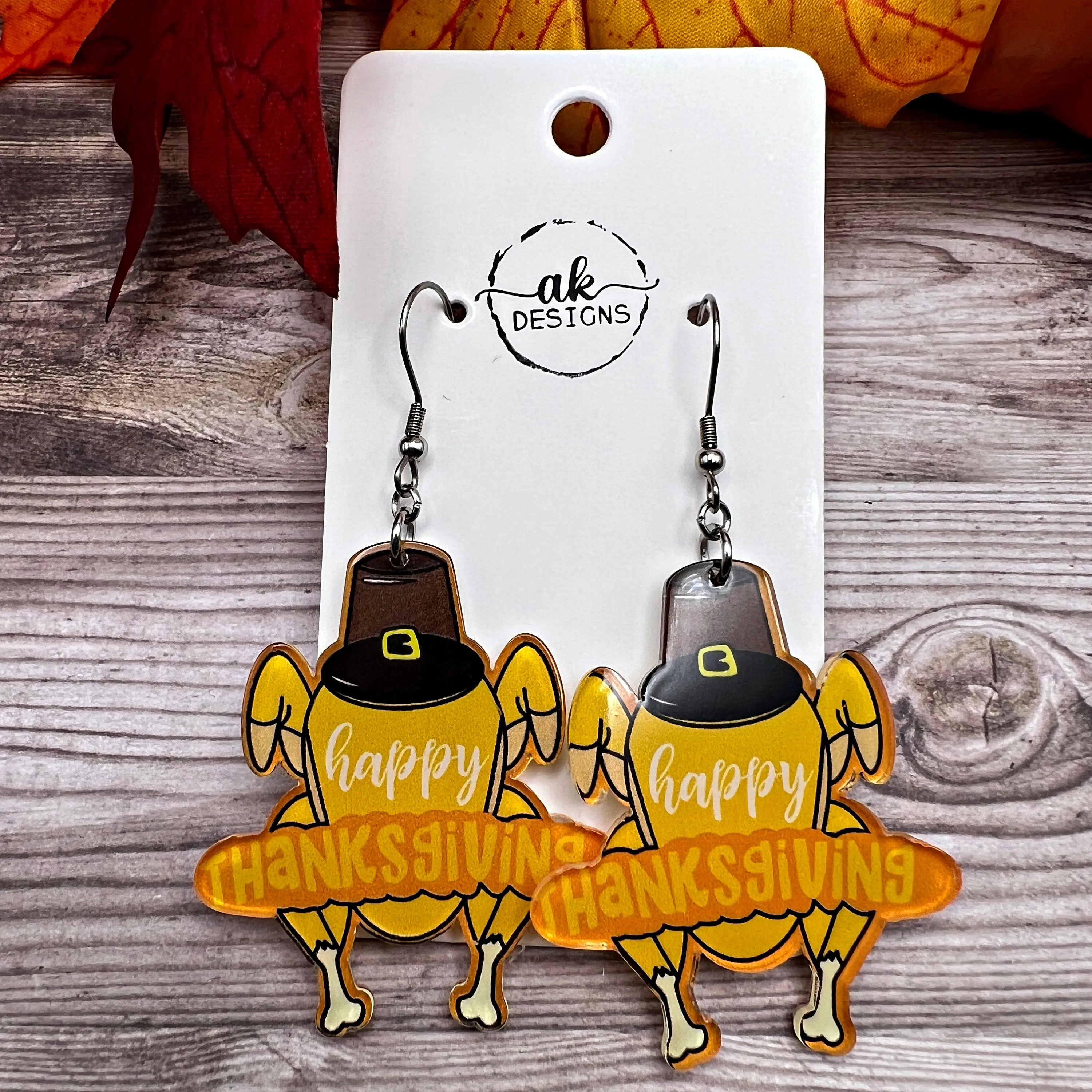 Thanksgiving Turkey Acrylic Stainless Steel  Earrings, Give Thanks, Gobble gobble, Hypoallergenic Holiday Gift